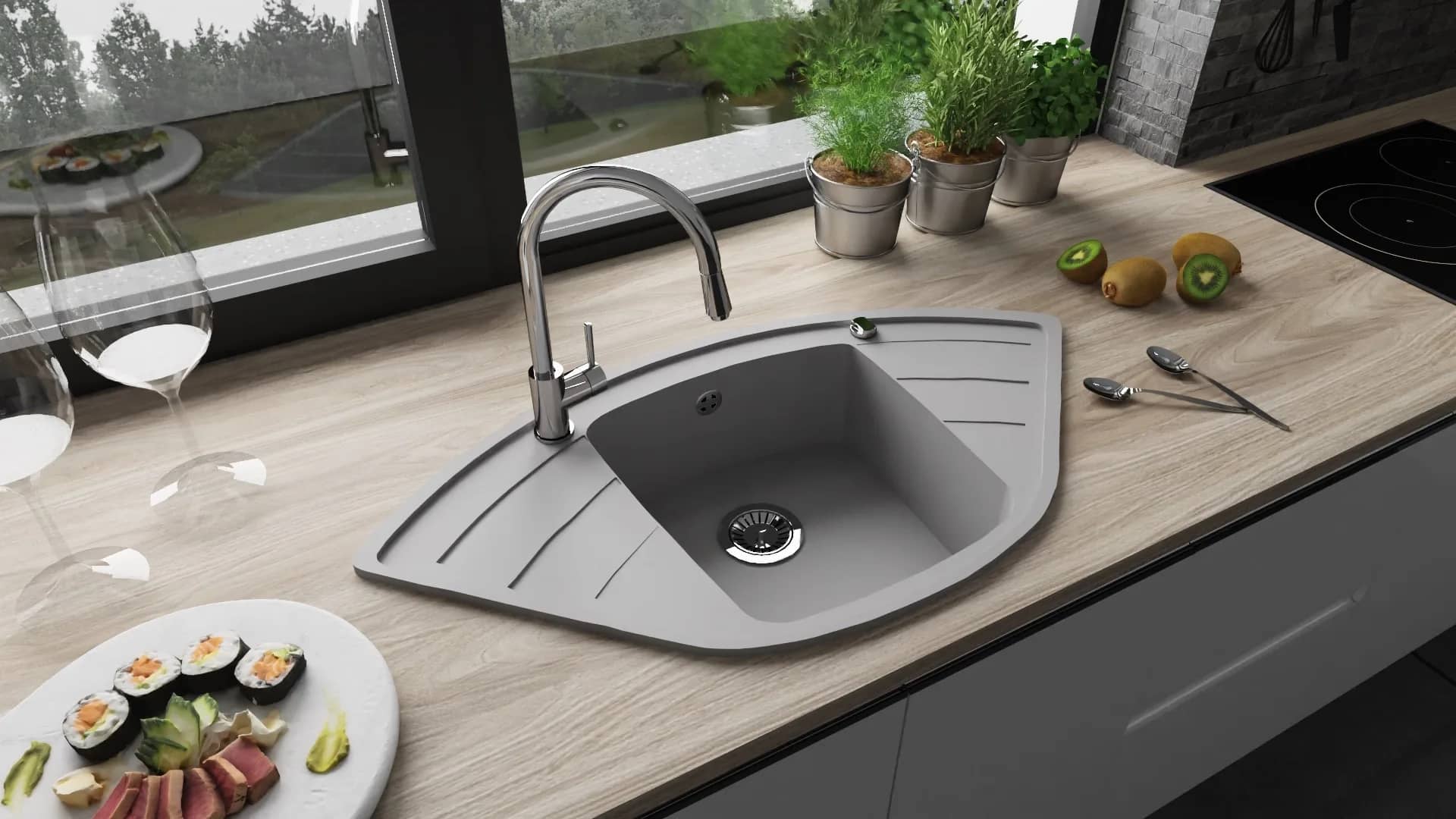 Évier en granit d'angle Altair 1 bac 96,5 × 50 cm — coloris Gris installé en cuisine