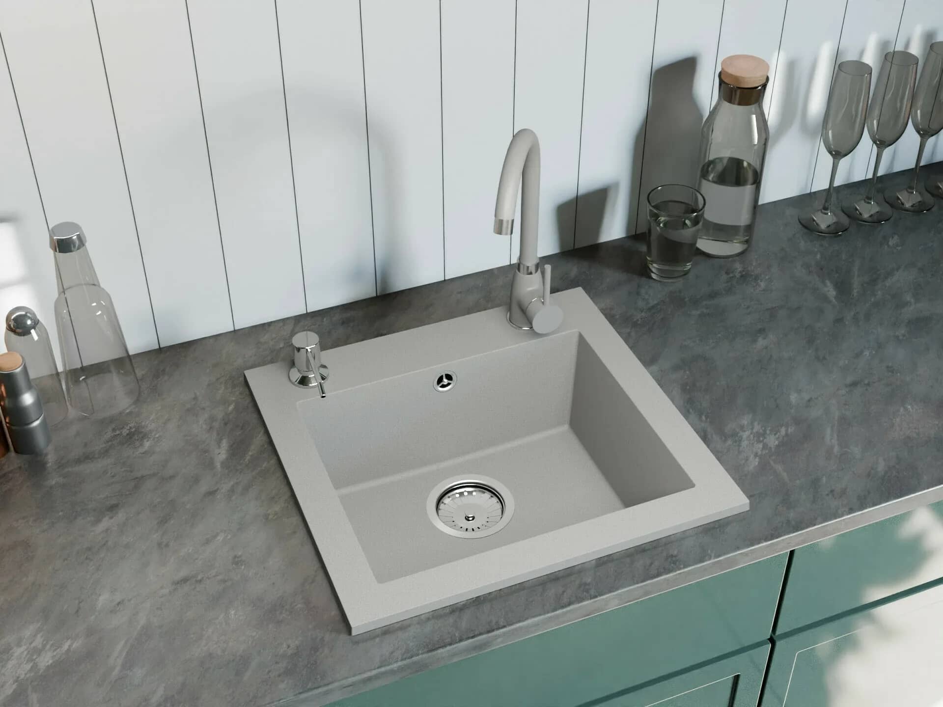 Évier en granit Argo 1 bac 48,5 × 44 cm, coloris Gris installé en cuisine