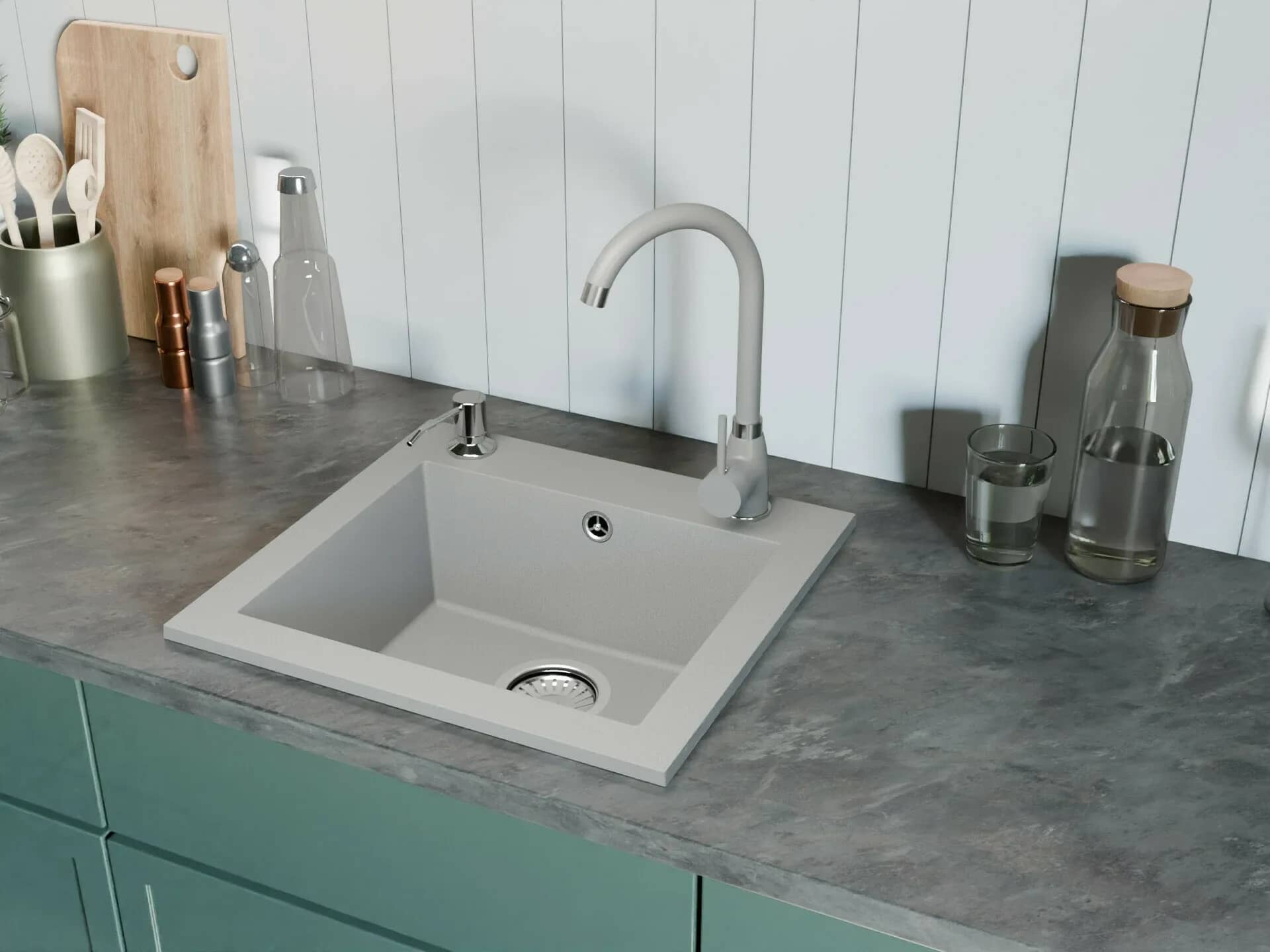 Évier en granit Argo 1 bac 48,5 × 44 cm, coloris Gris installé en cuisine
