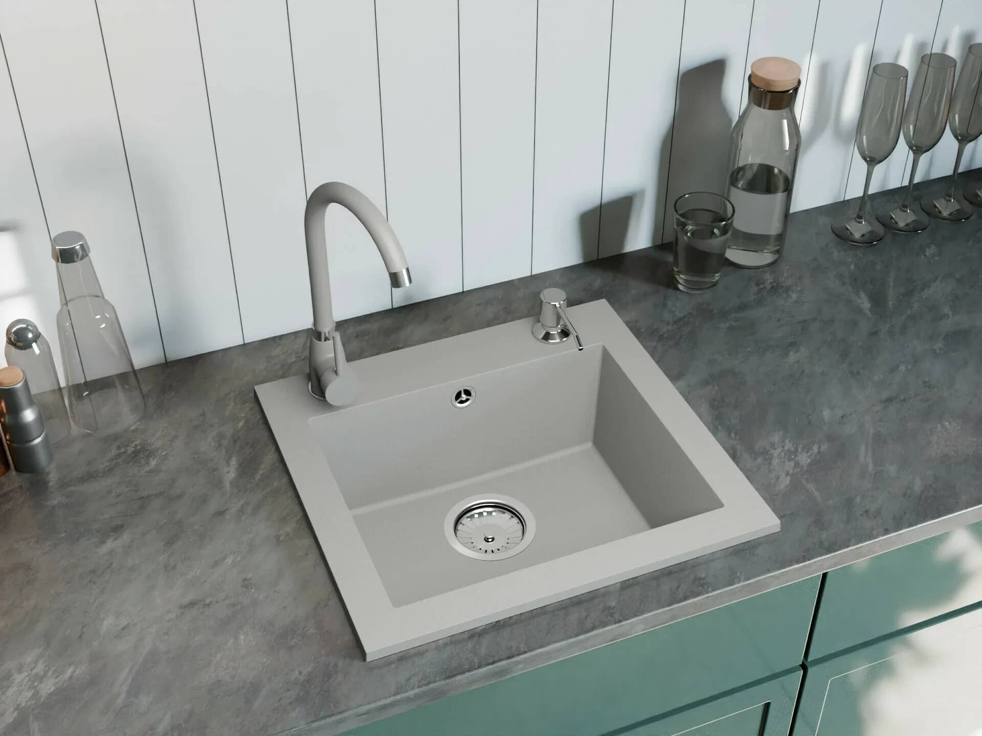 Évier en granit Argo 1 bac 48,5 × 44 cm, coloris Gris installé en cuisine