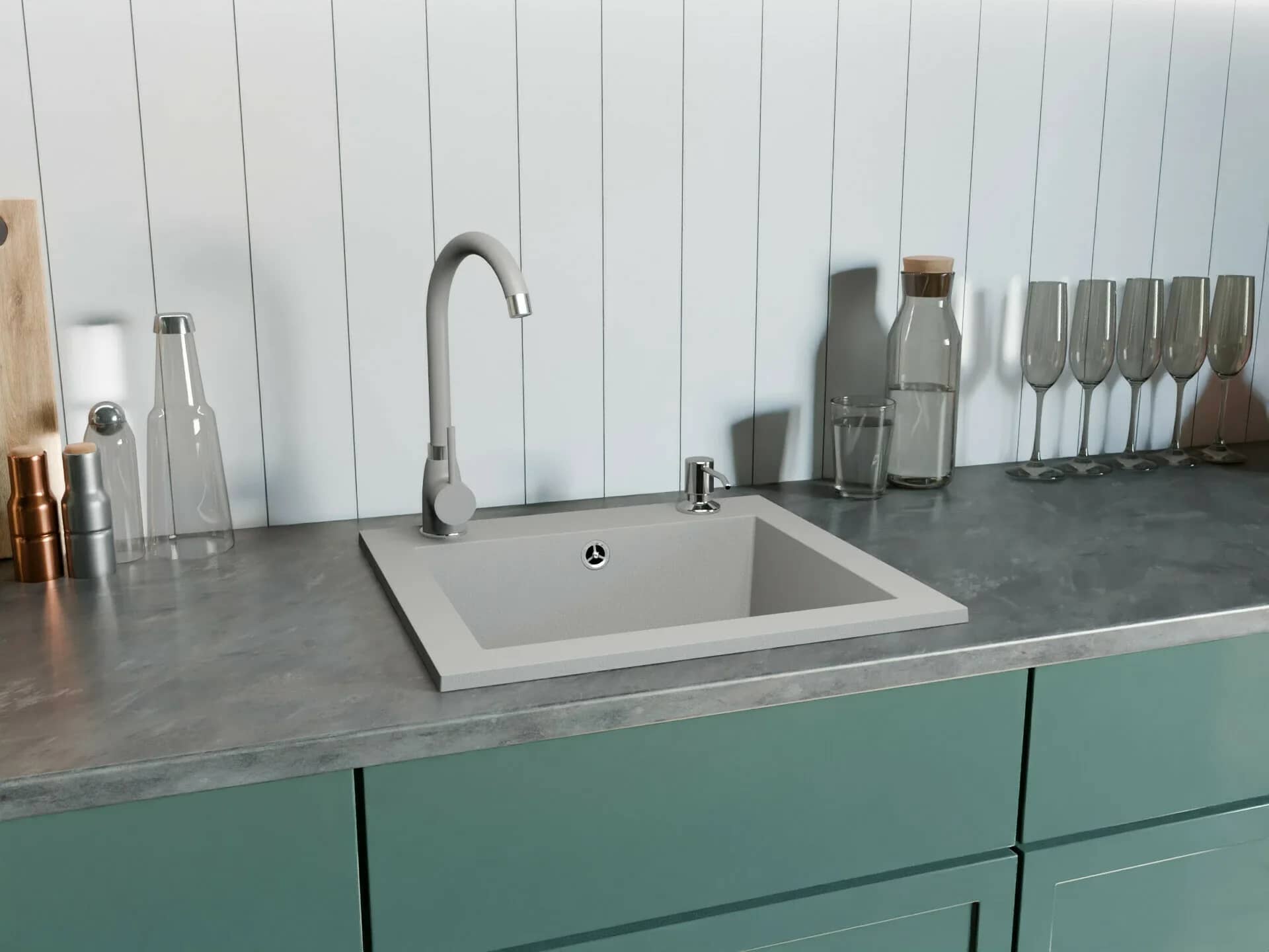 Évier en granit Argo 1 bac 48,5 × 44 cm, coloris Gris installé en cuisine