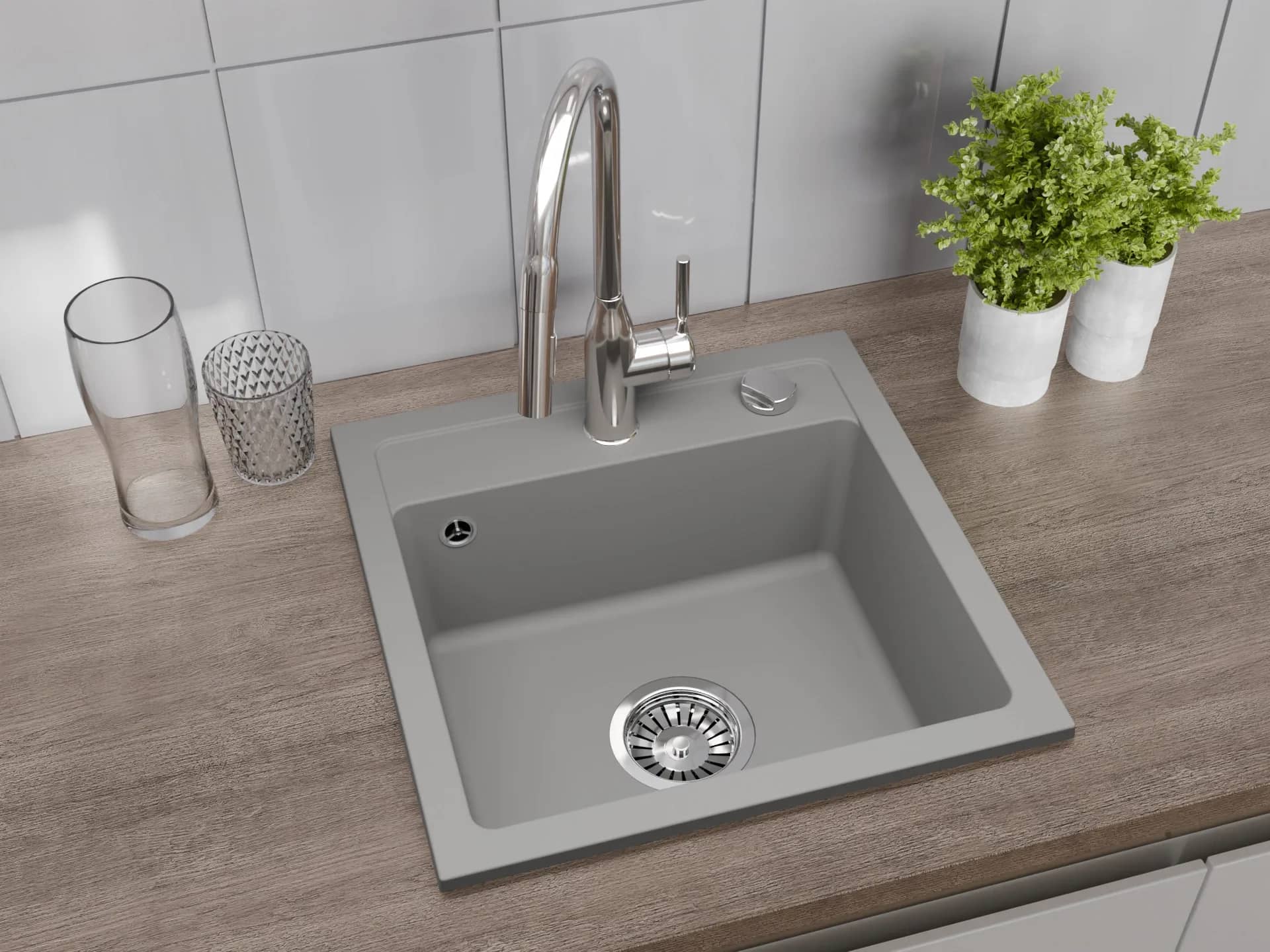 Évier en granit Bella 1 bac carré 44 × 44 cm, coloris Gris installé en cuisine