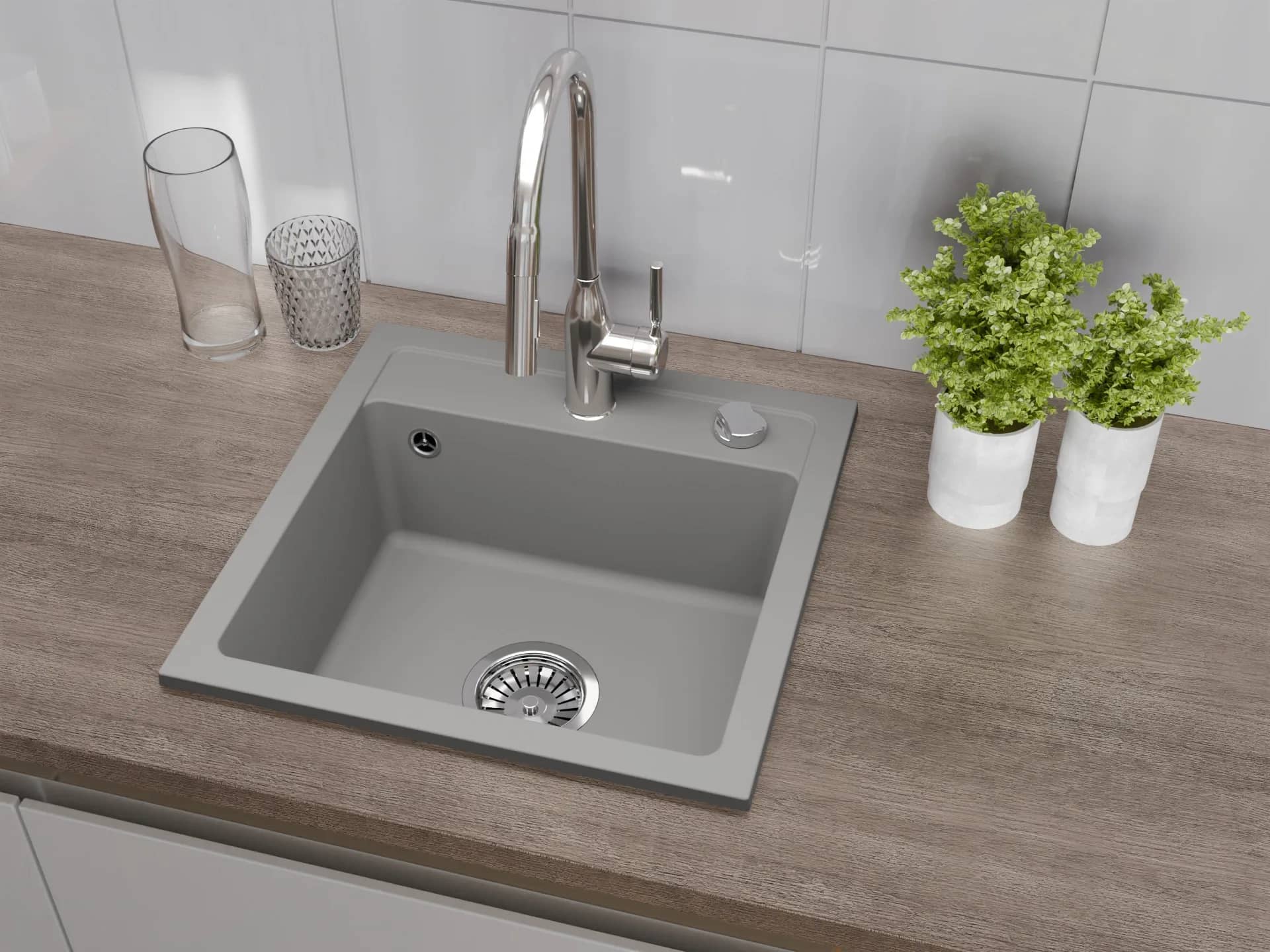 Évier en granit Bella 1 bac carré 44 × 44 cm, coloris Gris installé en cuisine