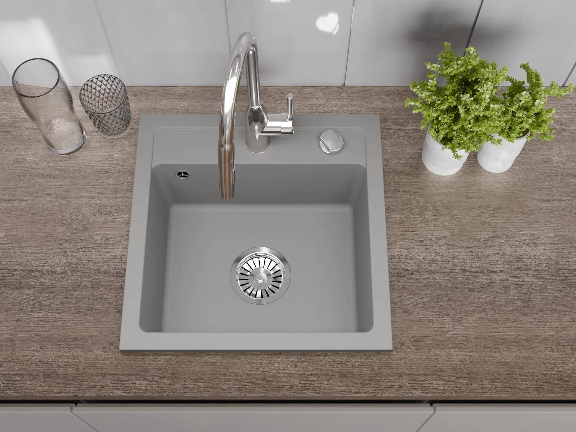 Évier en granit Bella 1 bac carré 44 × 44 cm, coloris Gris installé en cuisine