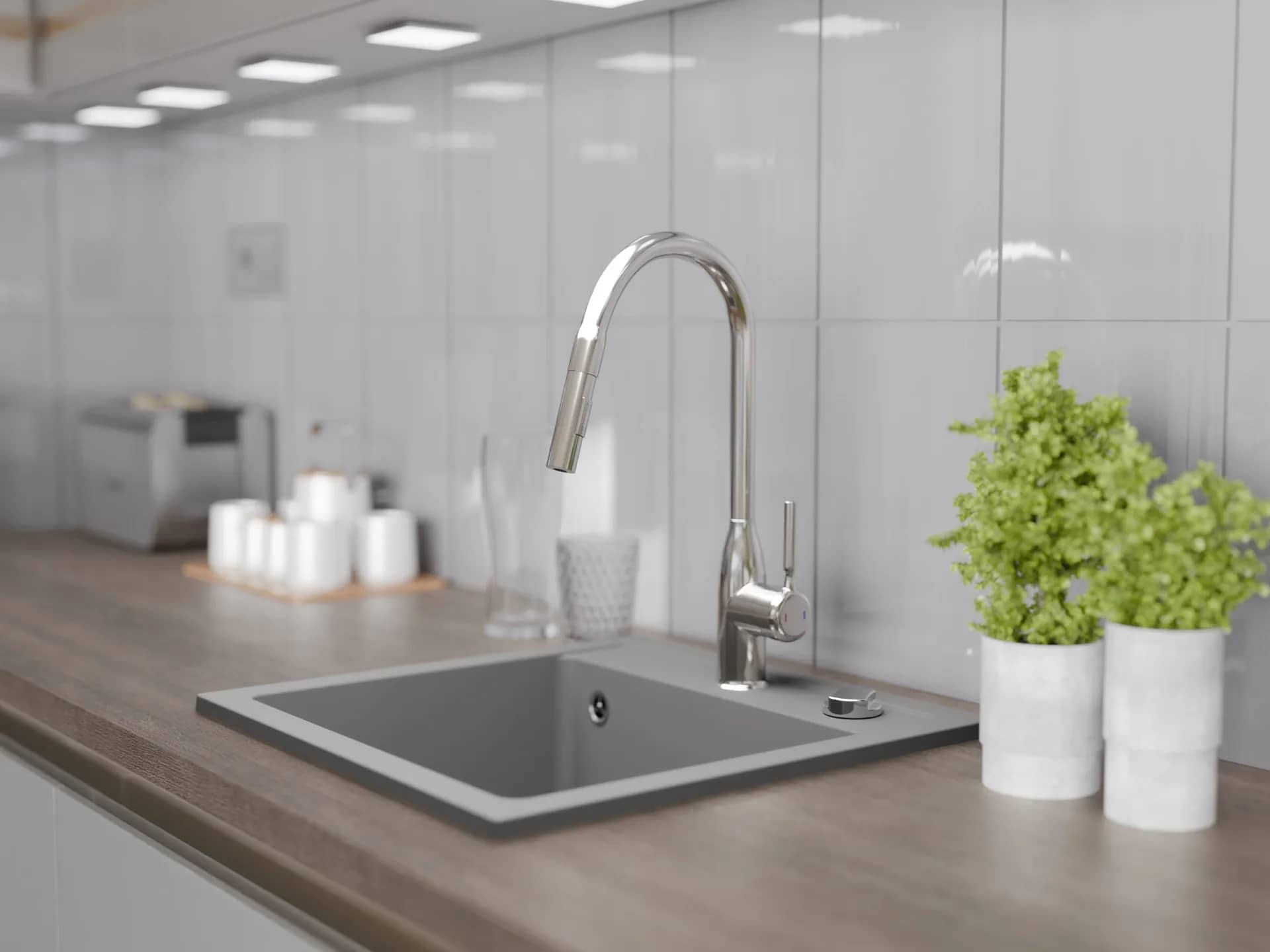 Évier en granit Bella 1 bac carré 44 × 44 cm, coloris Gris installé en cuisine