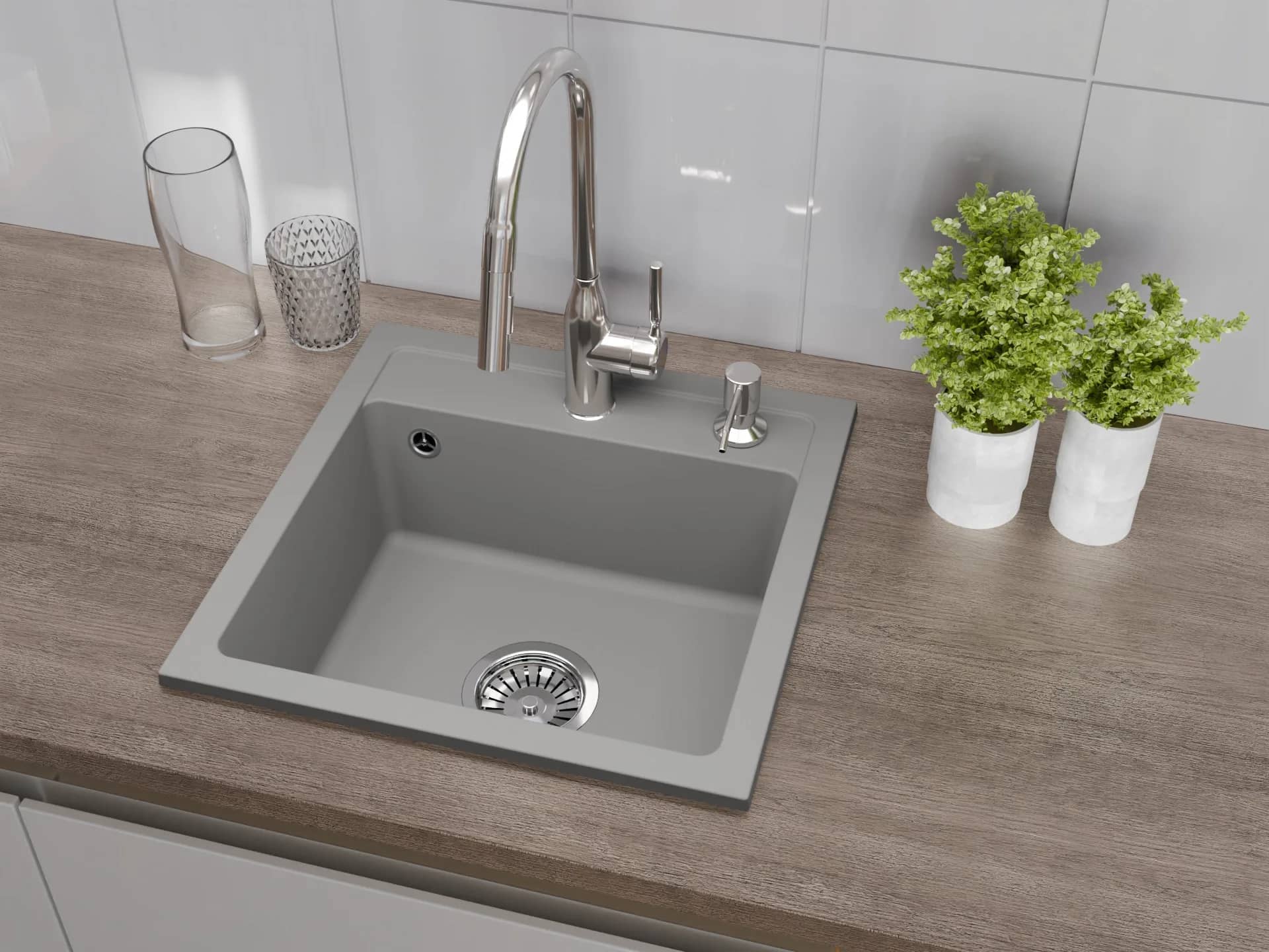 Évier en granit Bella 1 bac carré 44 × 44 cm, coloris Gris installé en cuisine