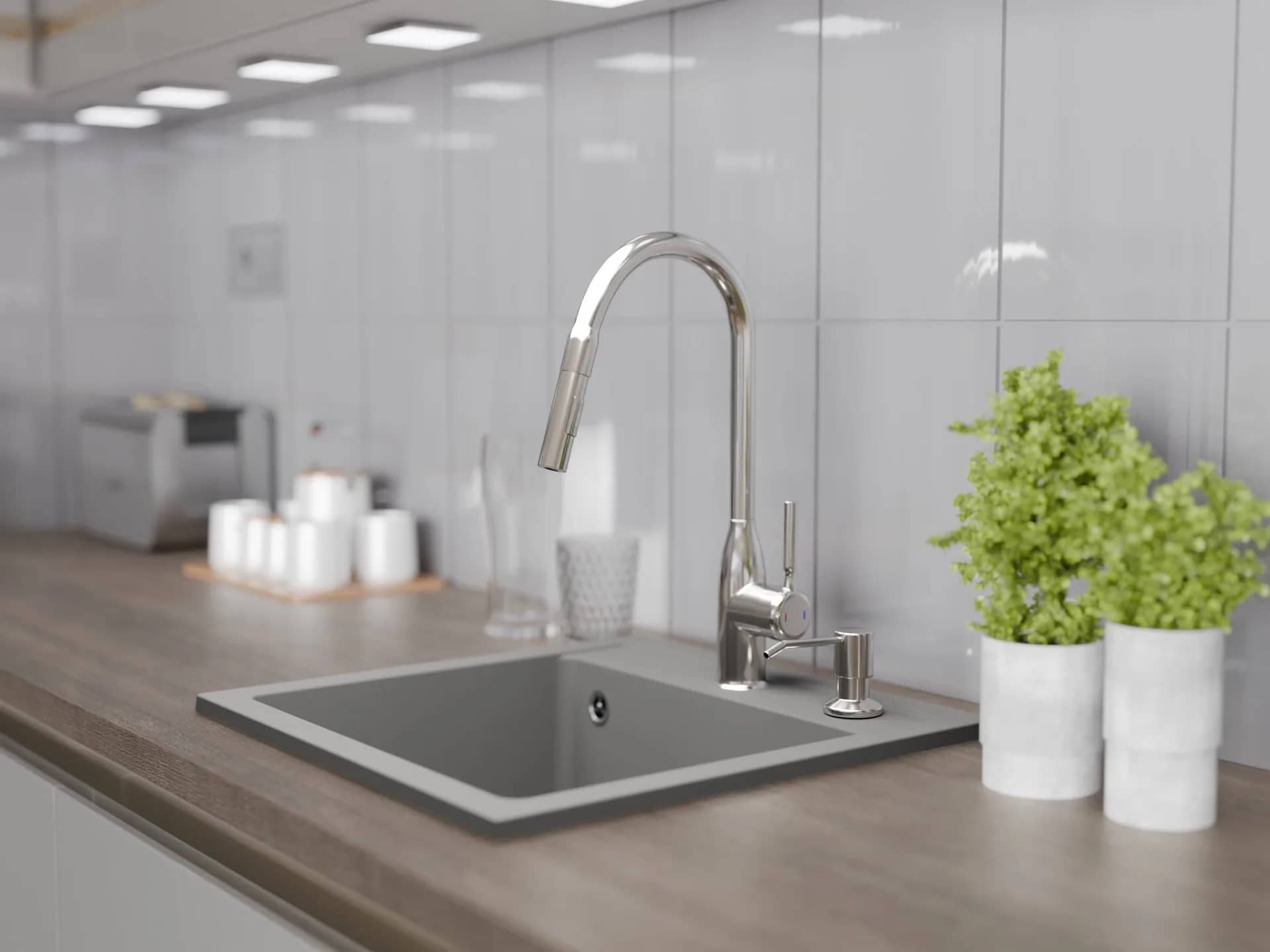 Évier en granit Bella 1 bac carré 44 × 44 cm, coloris Gris installé en cuisine