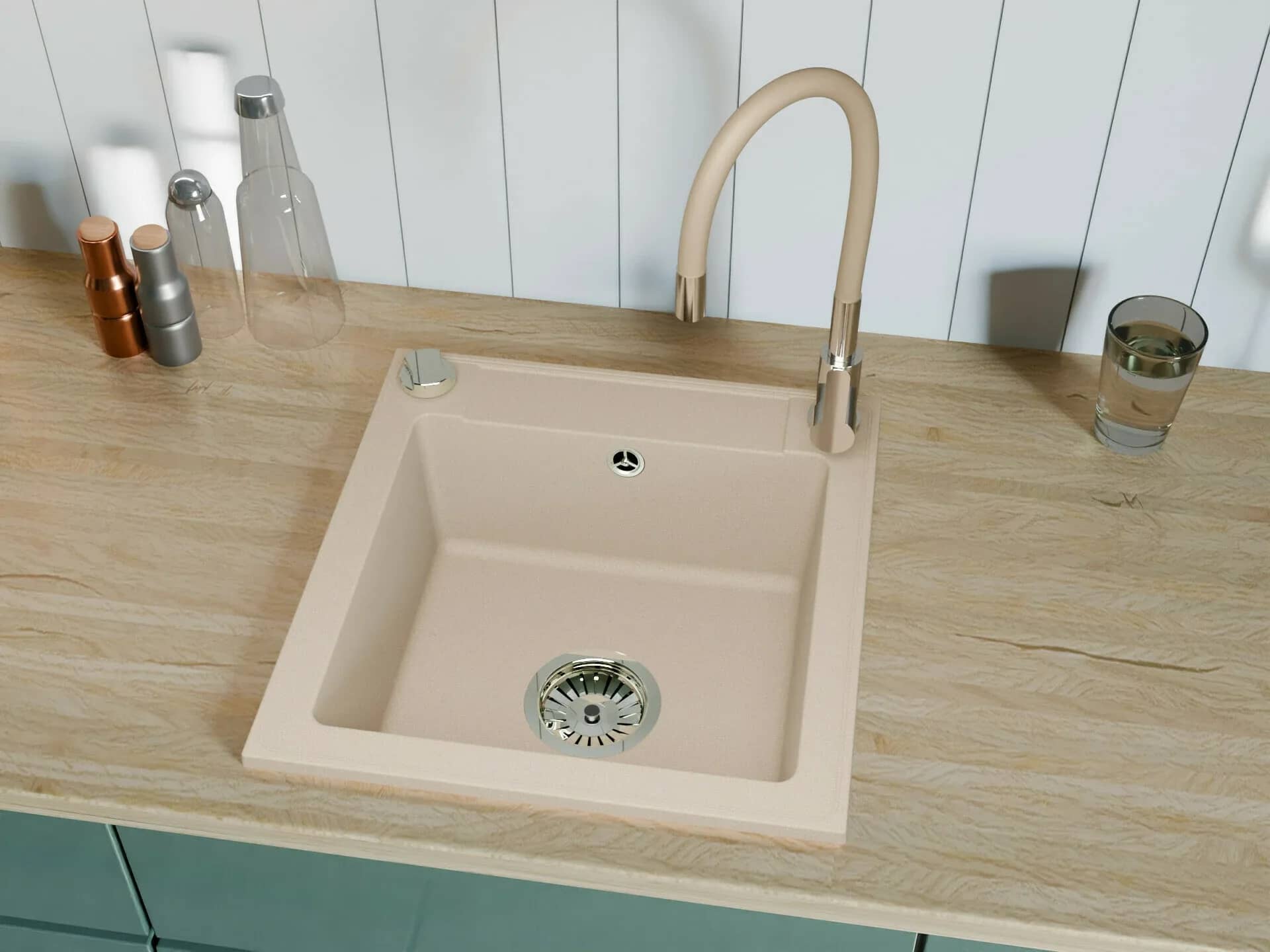 Évier en granit Belmondo 1 bac 46 × 44 cm, coloris Beige sable installé en cuisine
