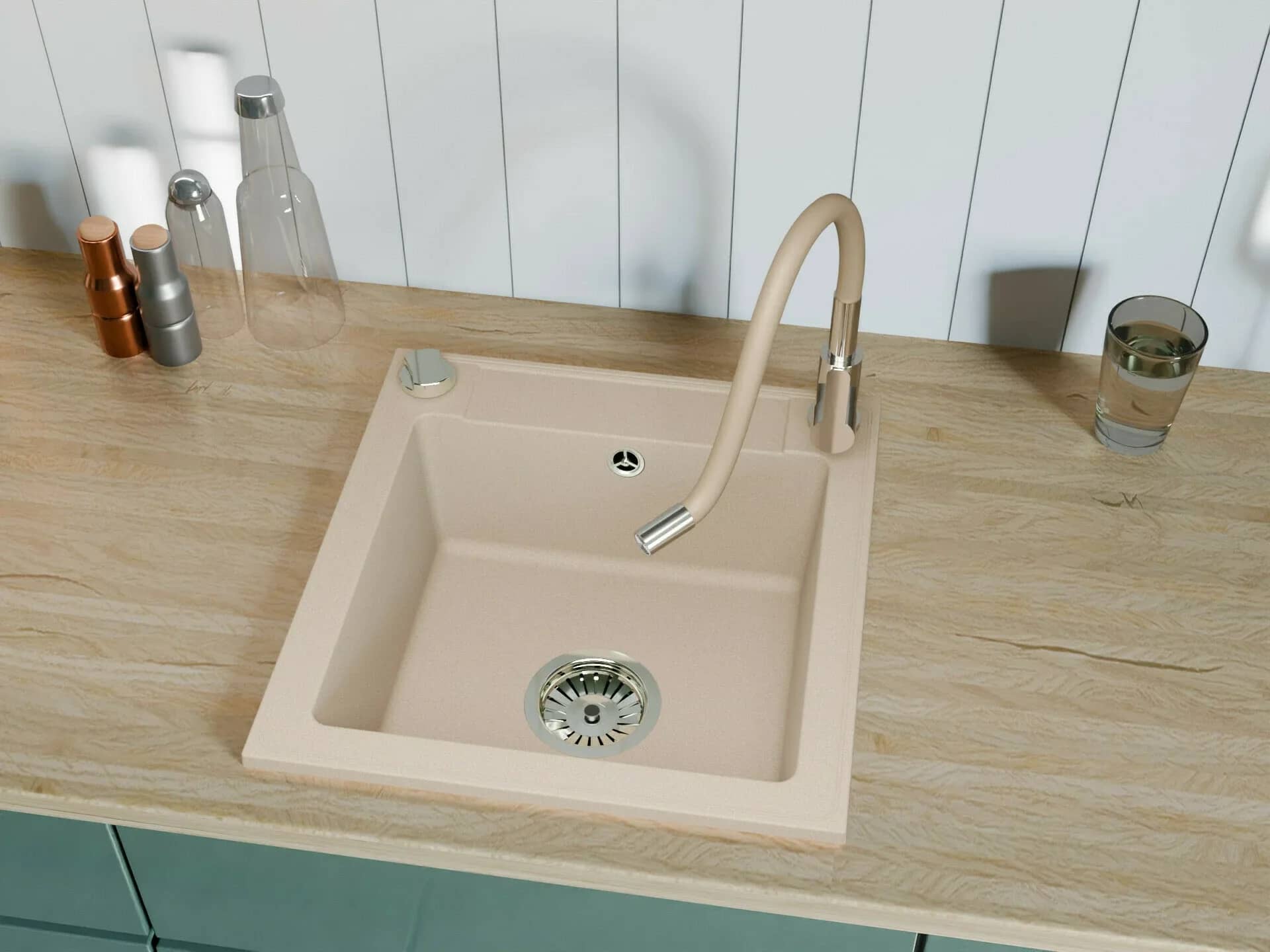 Évier en granit Belmondo 1 bac 46 × 44 cm, coloris Beige sable installé en cuisine