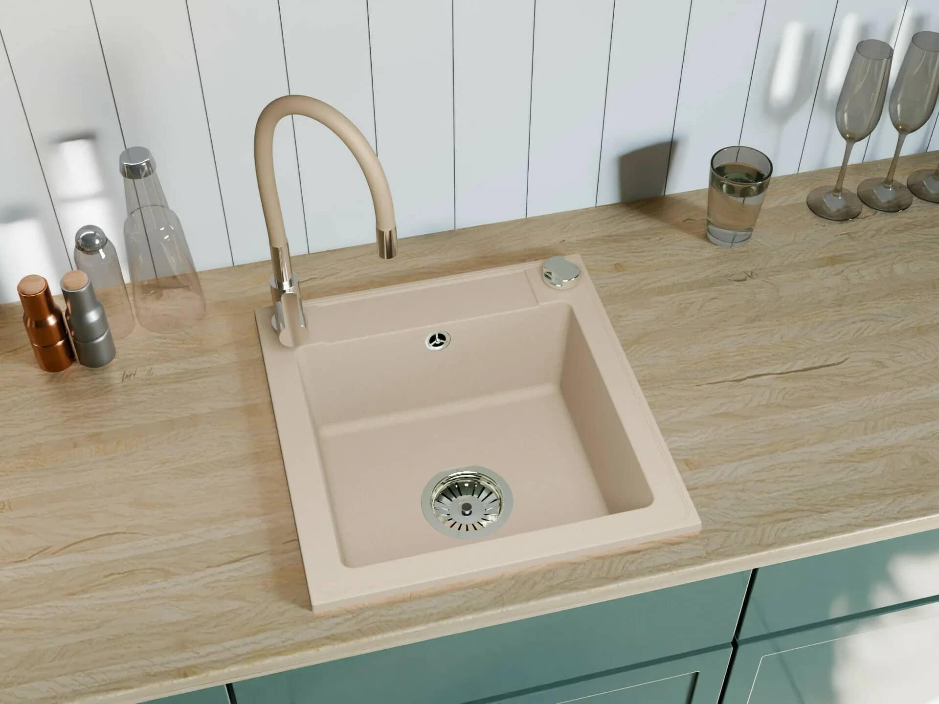 Évier en granit Belmondo 1 bac 46 × 44 cm, coloris Beige sable installé en cuisine