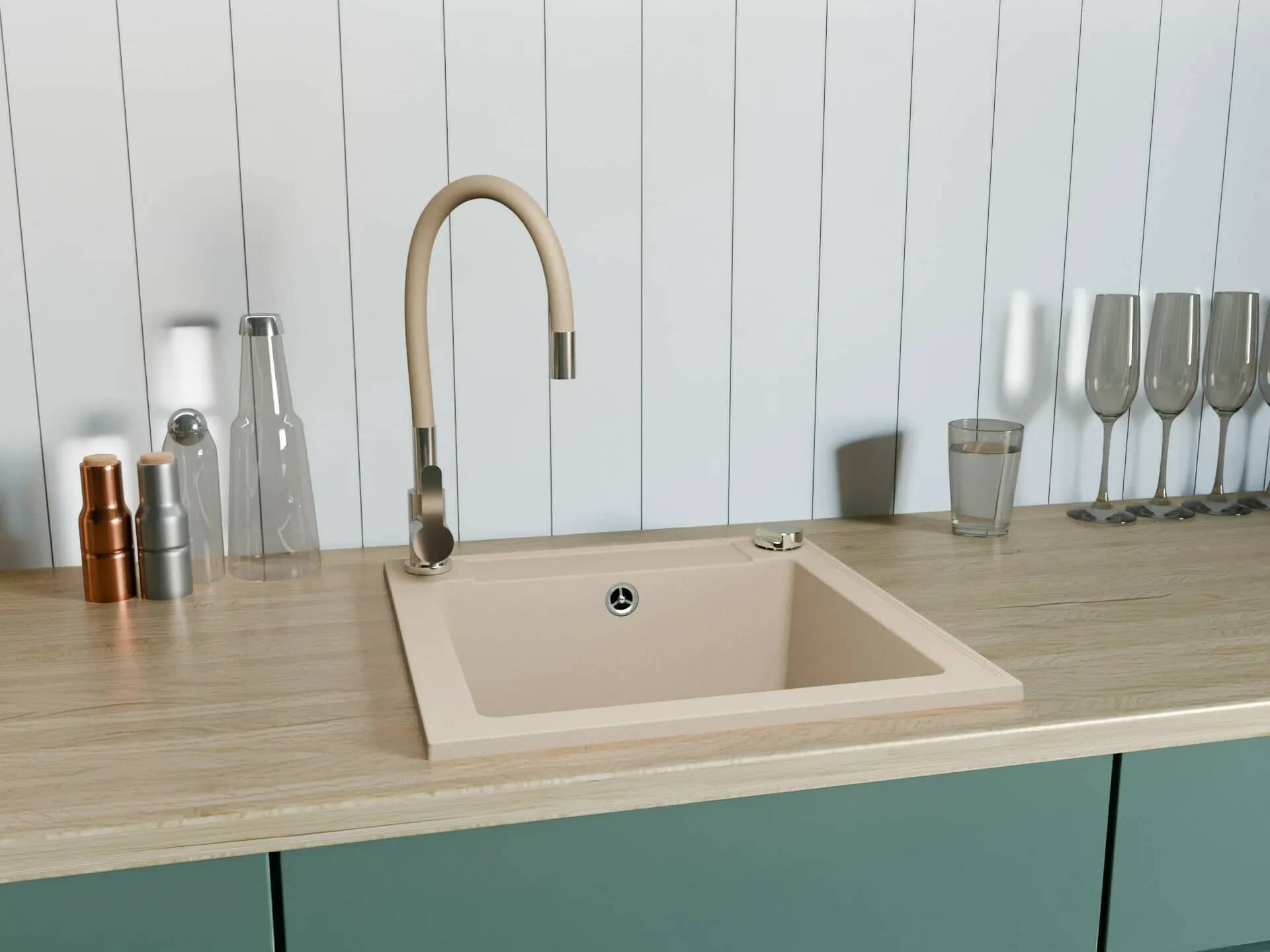 Évier en granit Belmondo 1 bac 46 × 44 cm, coloris Beige sable installé en cuisine