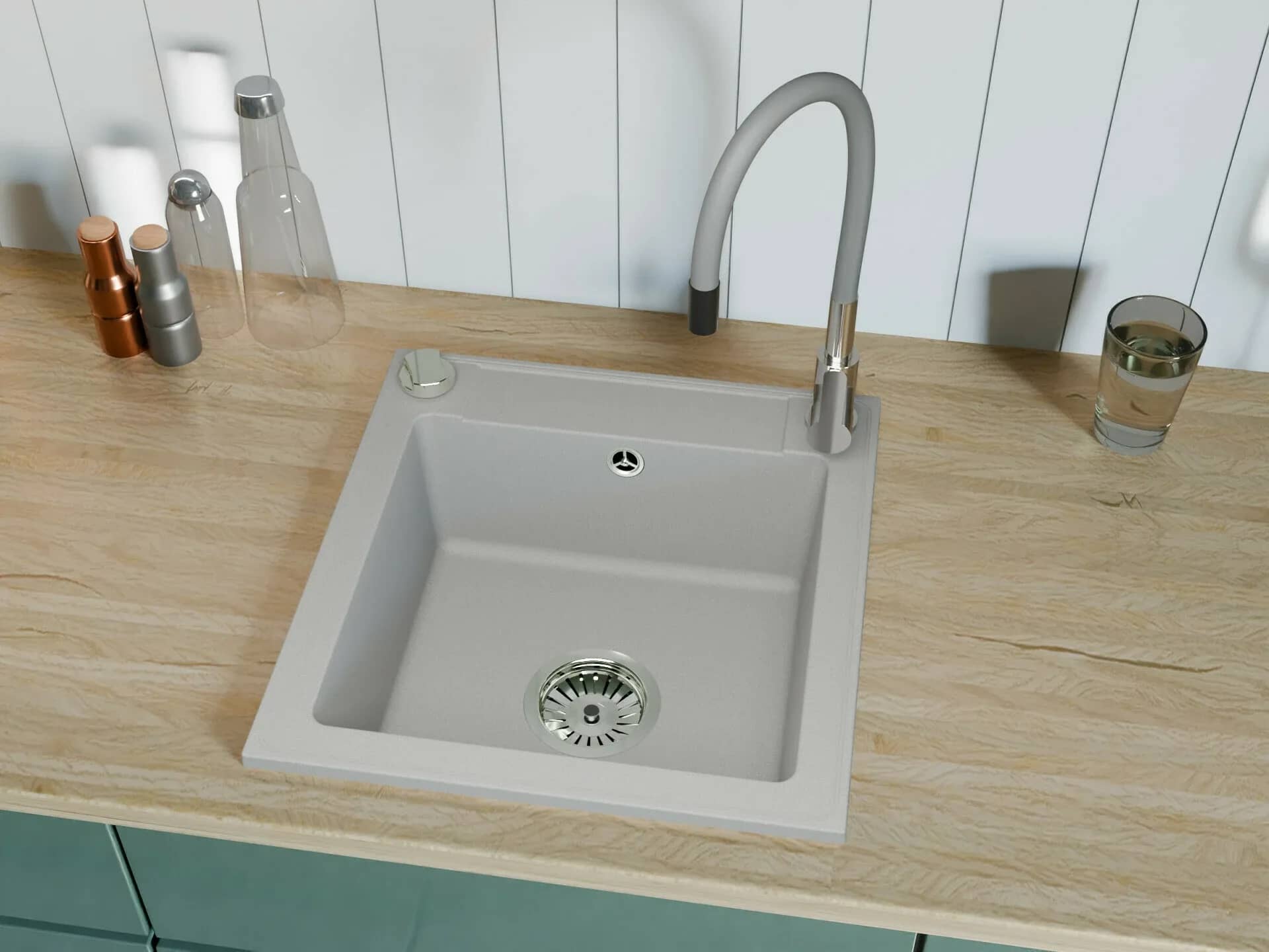 Évier en granit Belmondo 1 bac 46 × 44 cm, coloris Gris installé en cuisine