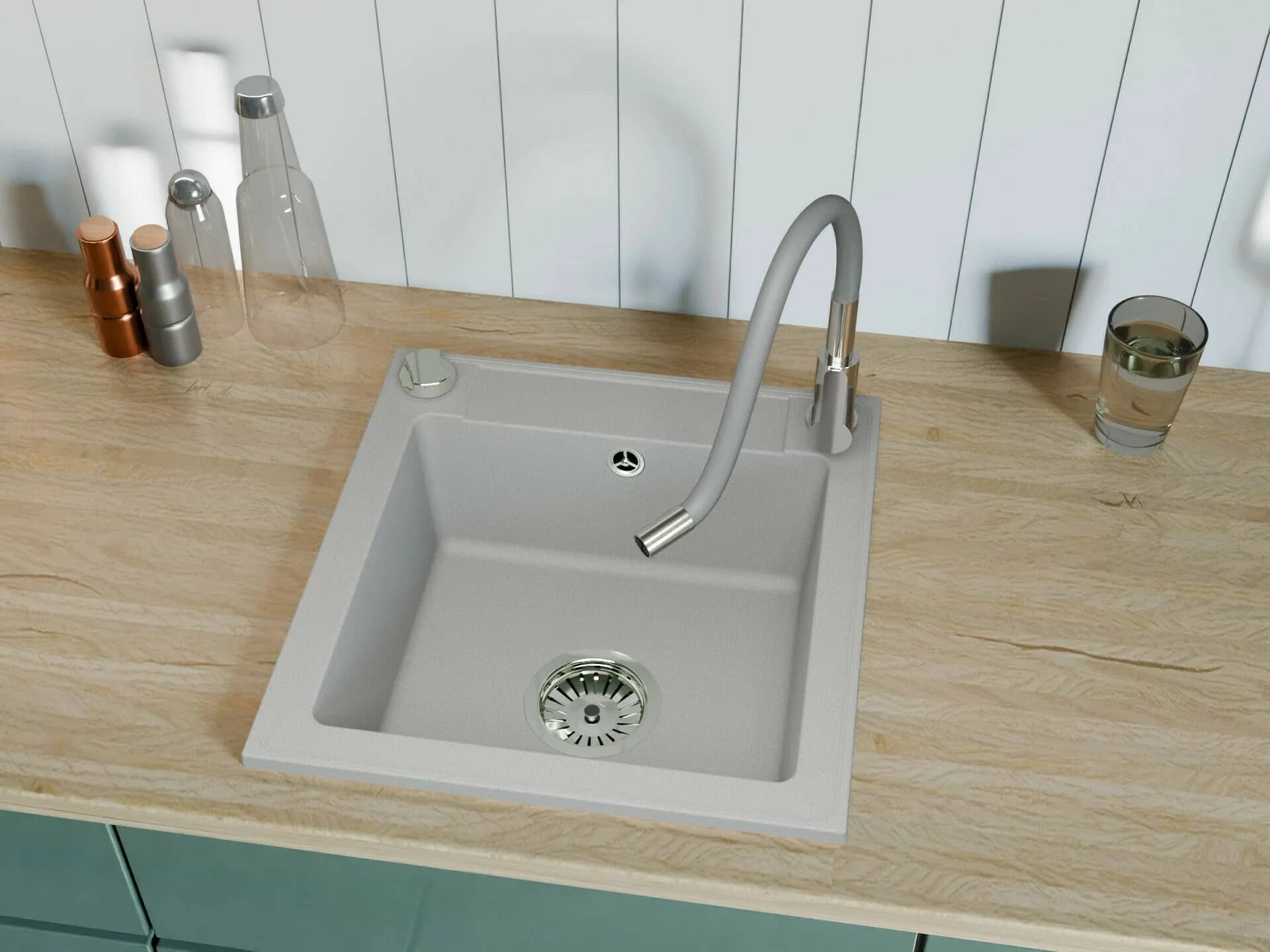 Évier en granit Belmondo 1 bac 46 × 44 cm, coloris Gris installé en cuisine