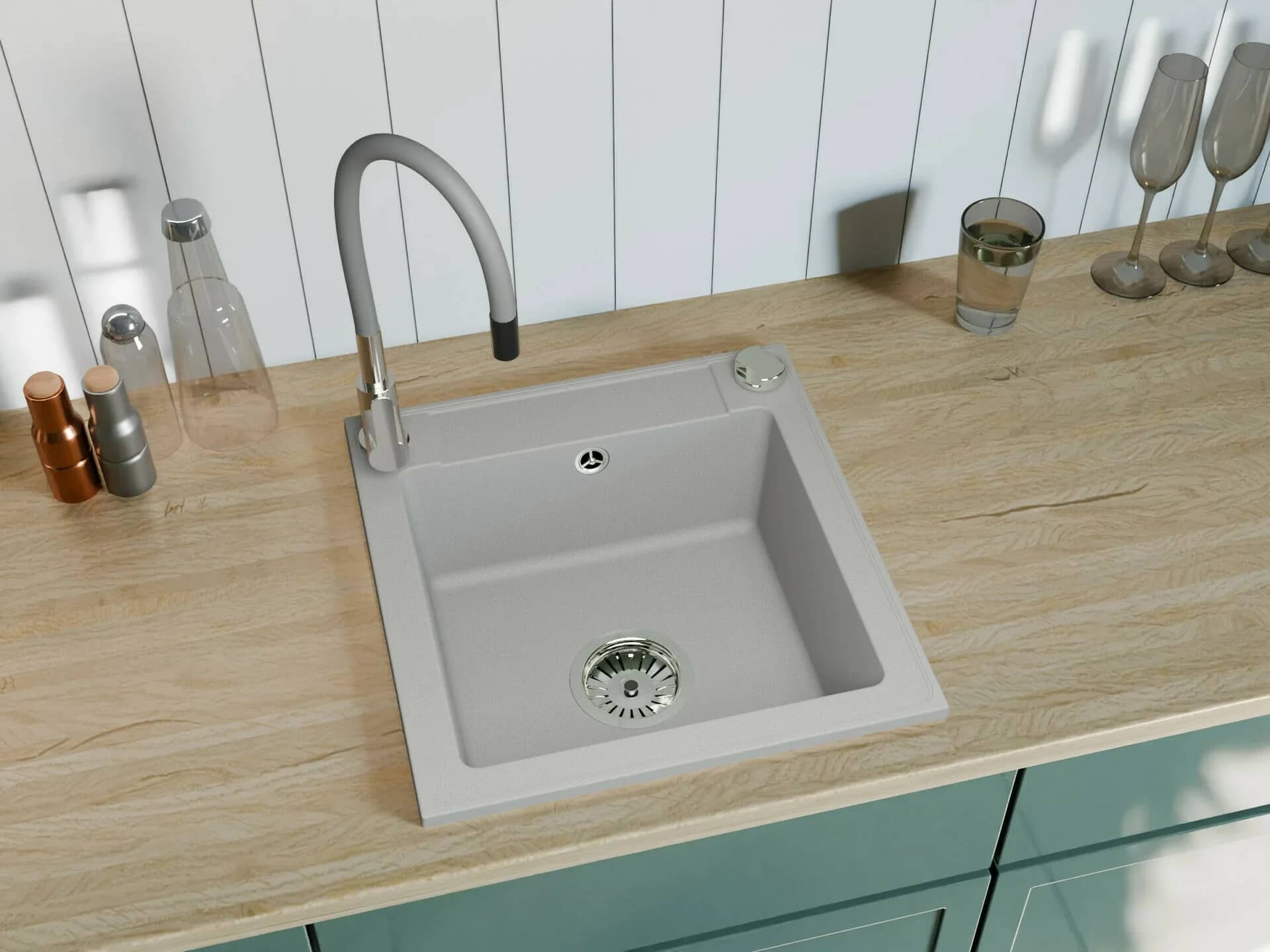 Évier en granit Belmondo 1 bac 46 × 44 cm, coloris Gris installé en cuisine