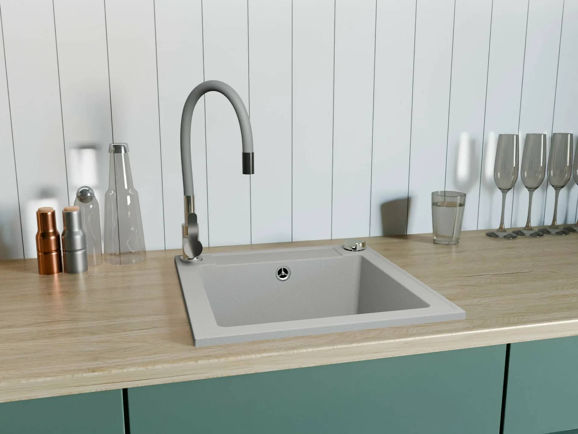 Évier en granit Belmondo 1 bac 46 × 44 cm, coloris Gris installé en cuisine