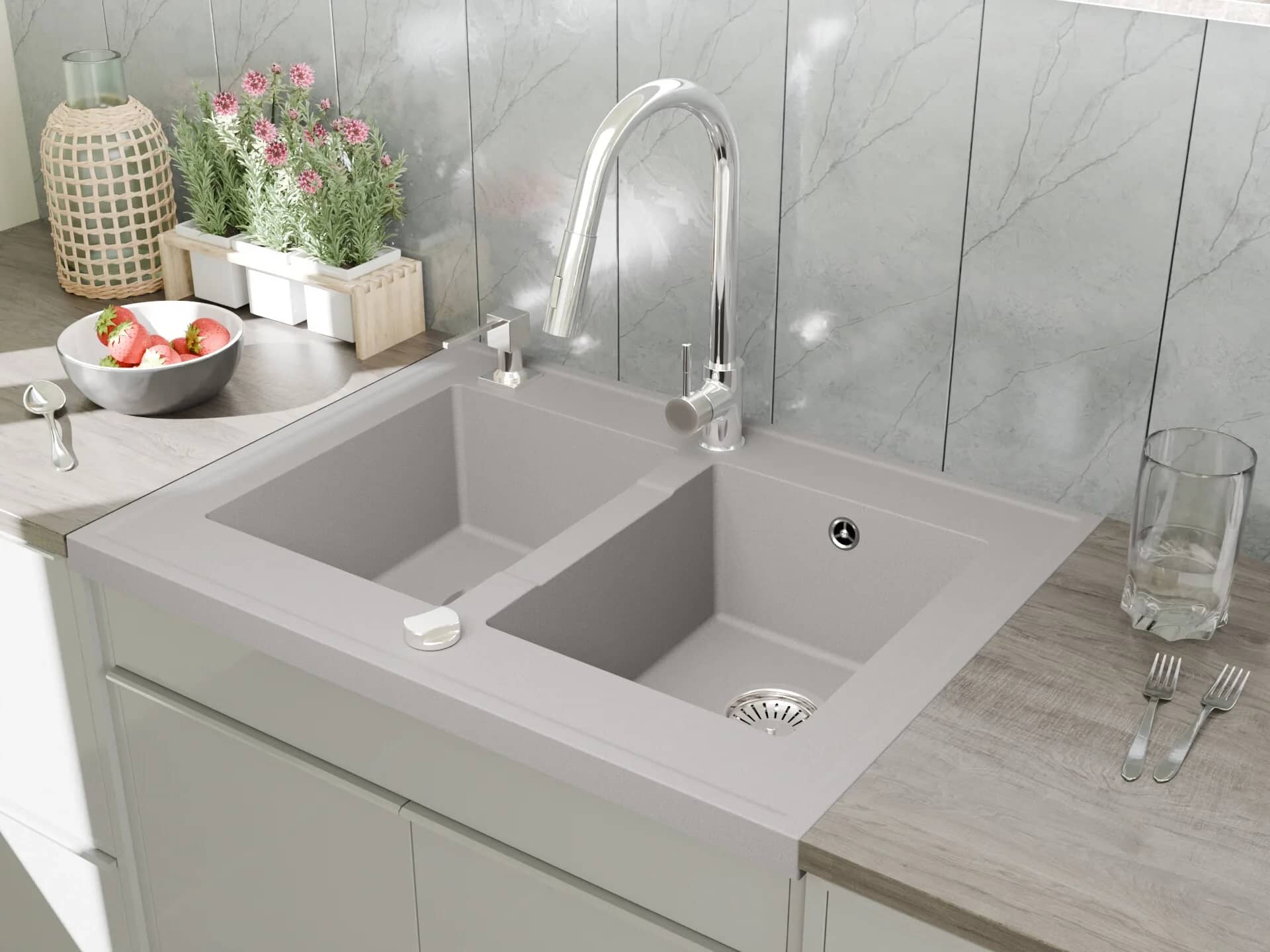 Évier en granit Grande 2 bacs à poser 80 × 60 cm — coloris Gris installé en cuisine