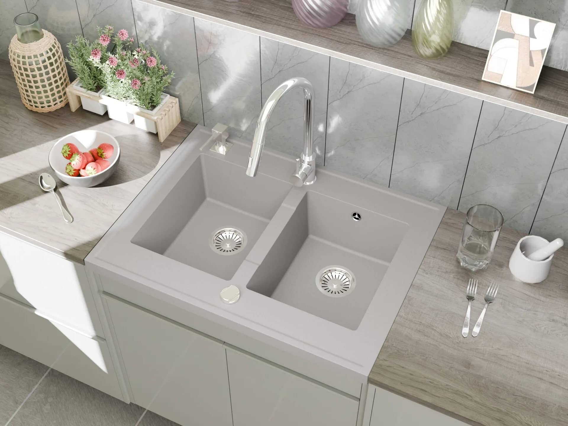 Évier en granit Grande 2 bacs à poser 80 × 60 cm — coloris Gris installé en cuisine
