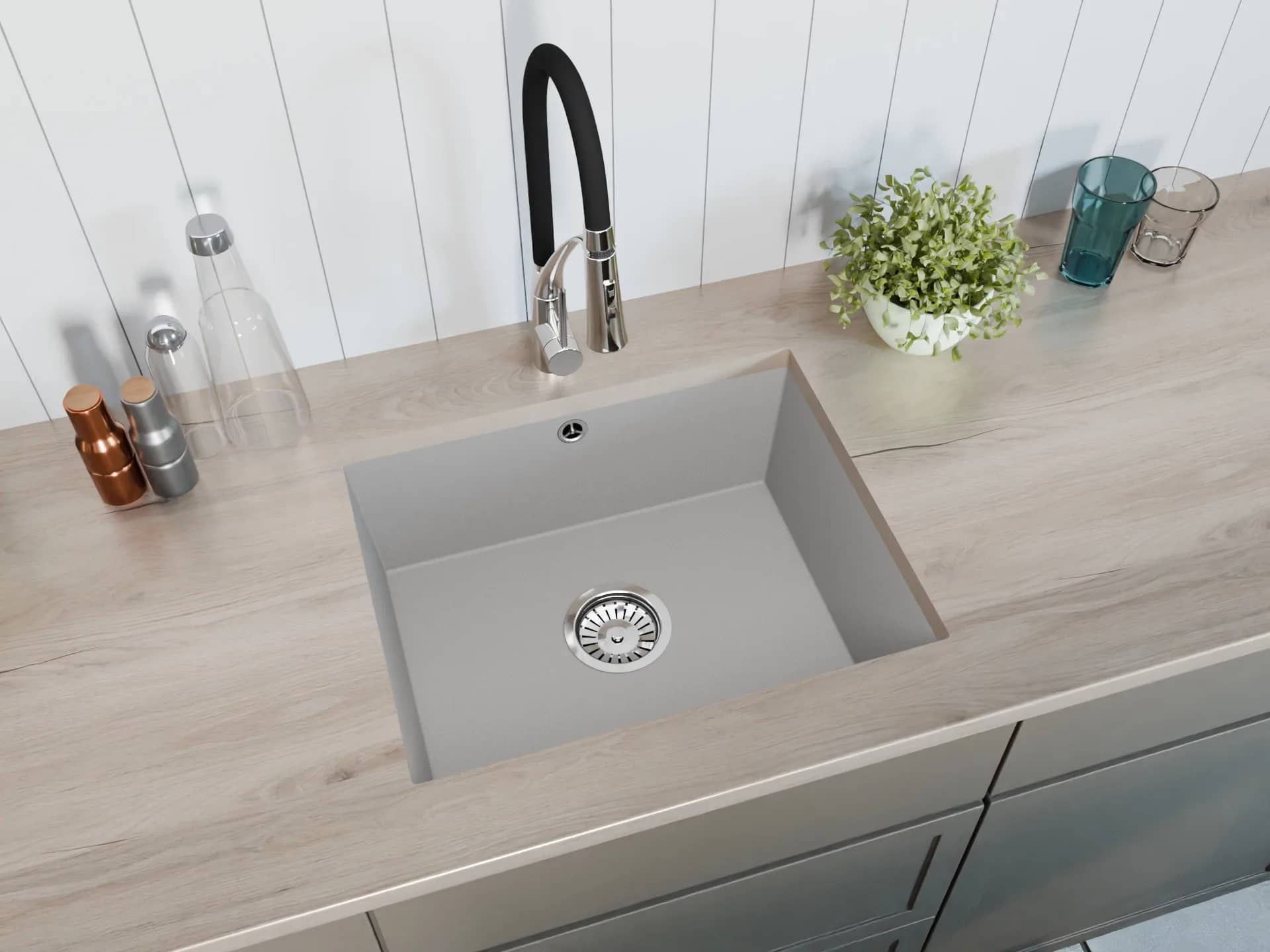 Évier en granit Junit 56 sous plan 55,3 × 45,5 cm, coloris Gris installé en cuisine