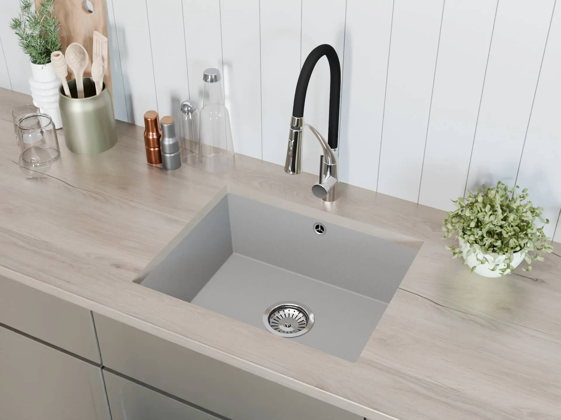 Évier en granit Junit 56 sous plan 55,3 × 45,5 cm, coloris Gris installé en cuisine