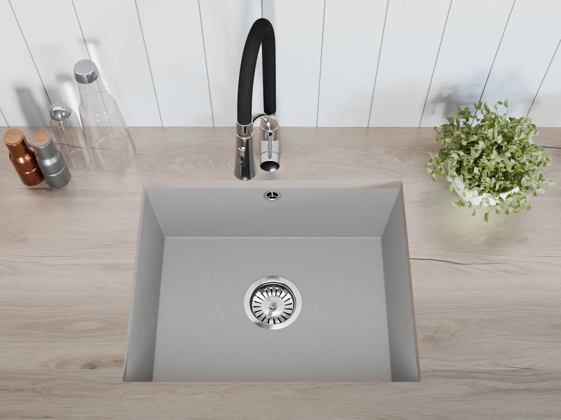 Évier en granit Junit 56 sous plan 55,3 × 45,5 cm, coloris Gris installé en cuisine