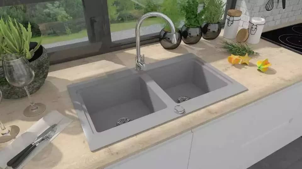Évier en granit Nubiru 20 2 bacs 79,5 × 45,5 cm, coloris Gris installé en cuisine
