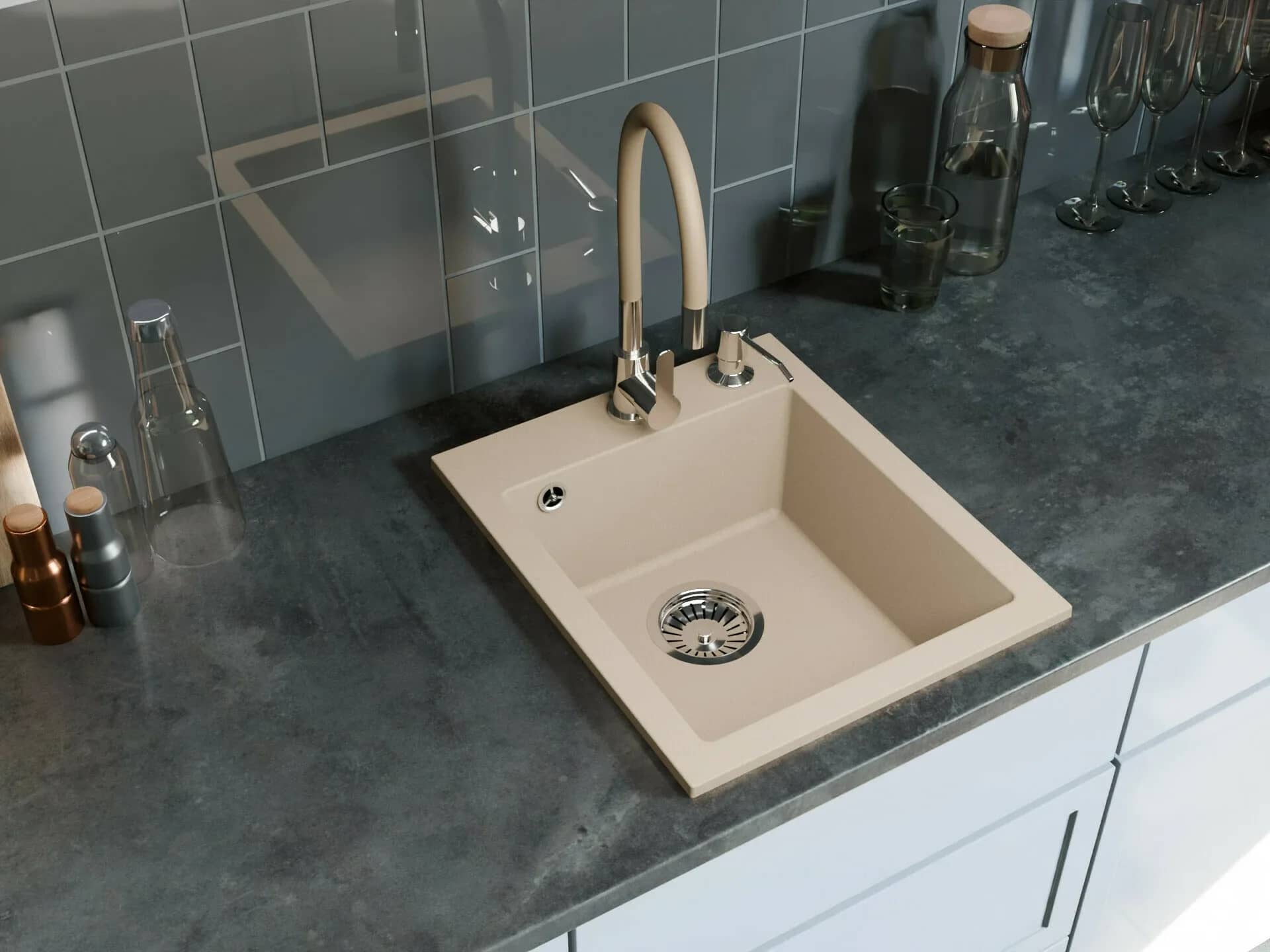 Évier en granit Rigo 1 bac compact 48,5 × 40,5 cm, coloris Beige sable installé en cuisine