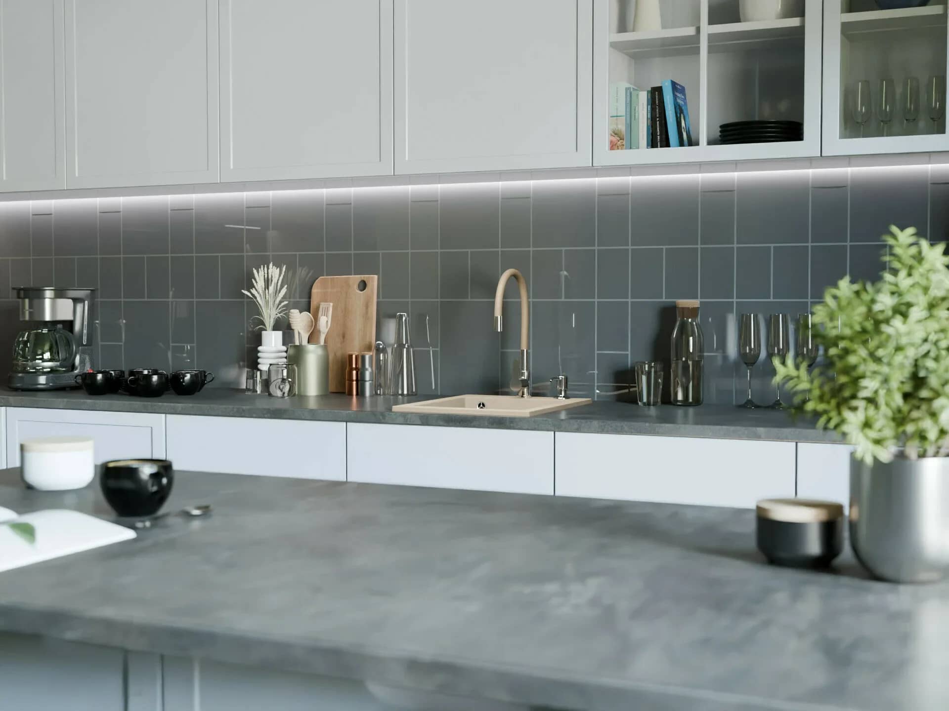 Évier en granit Rigo 1 bac compact 48,5 × 40,5 cm, coloris Beige sable installé en cuisine