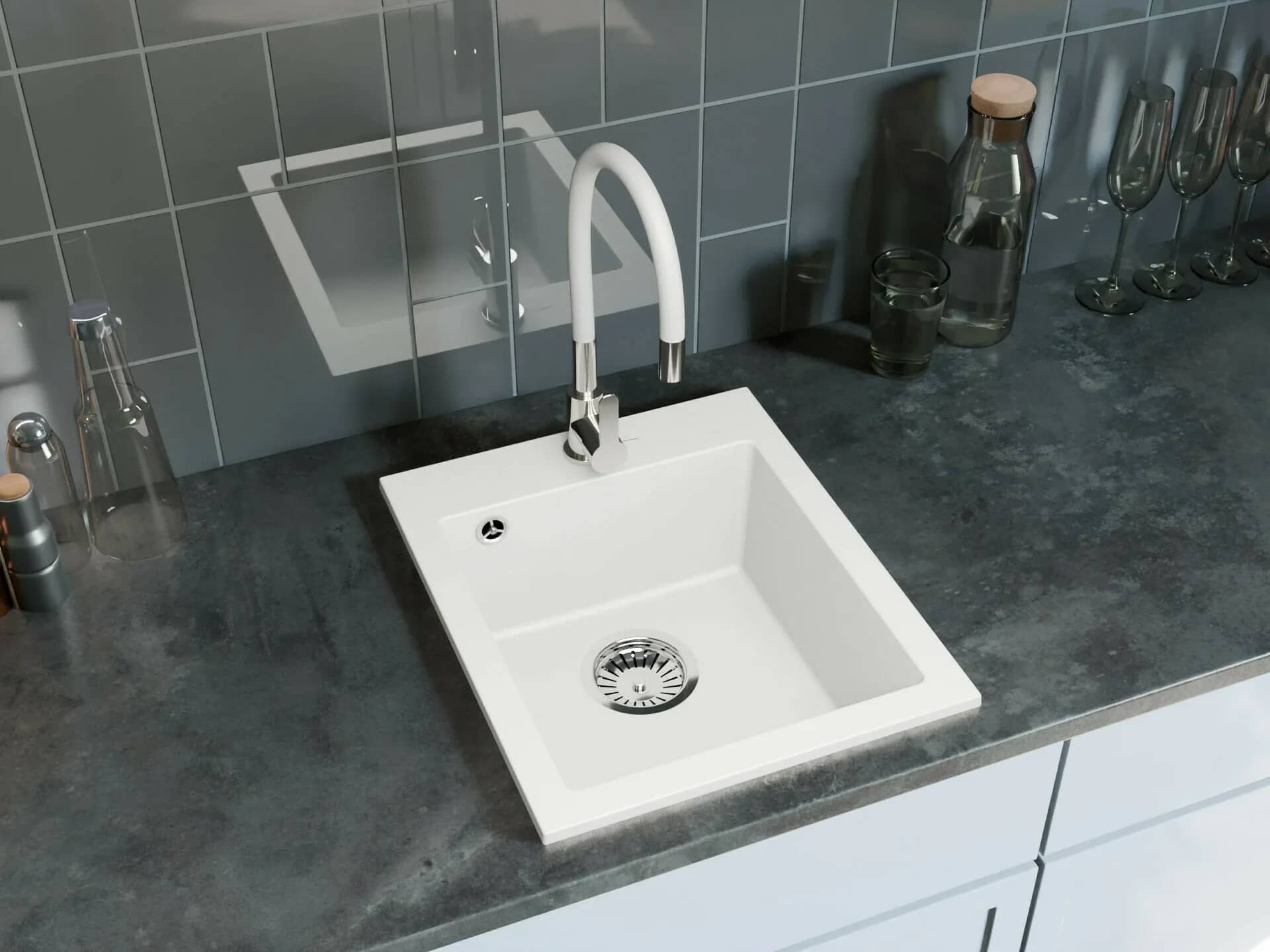 Évier en granit Rigo 1 bac compact 48,5 × 40,5 cm, coloris Blanc arctique installé en cuisine