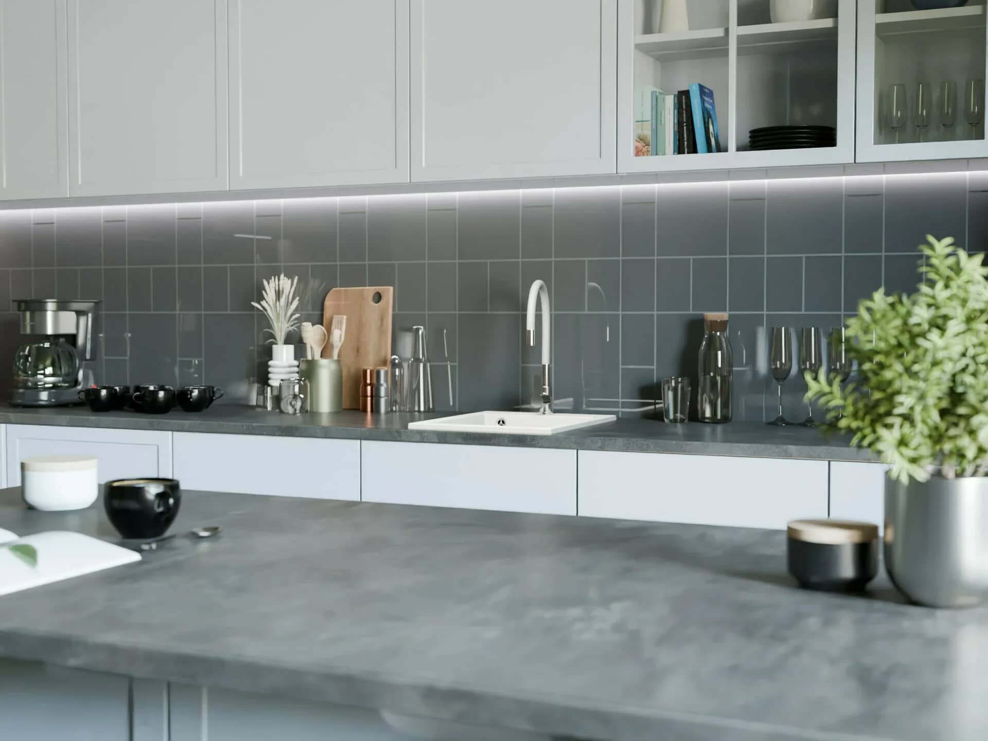 Évier en granit Rigo 1 bac compact 48,5 × 40,5 cm, coloris Blanc arctique installé en cuisine