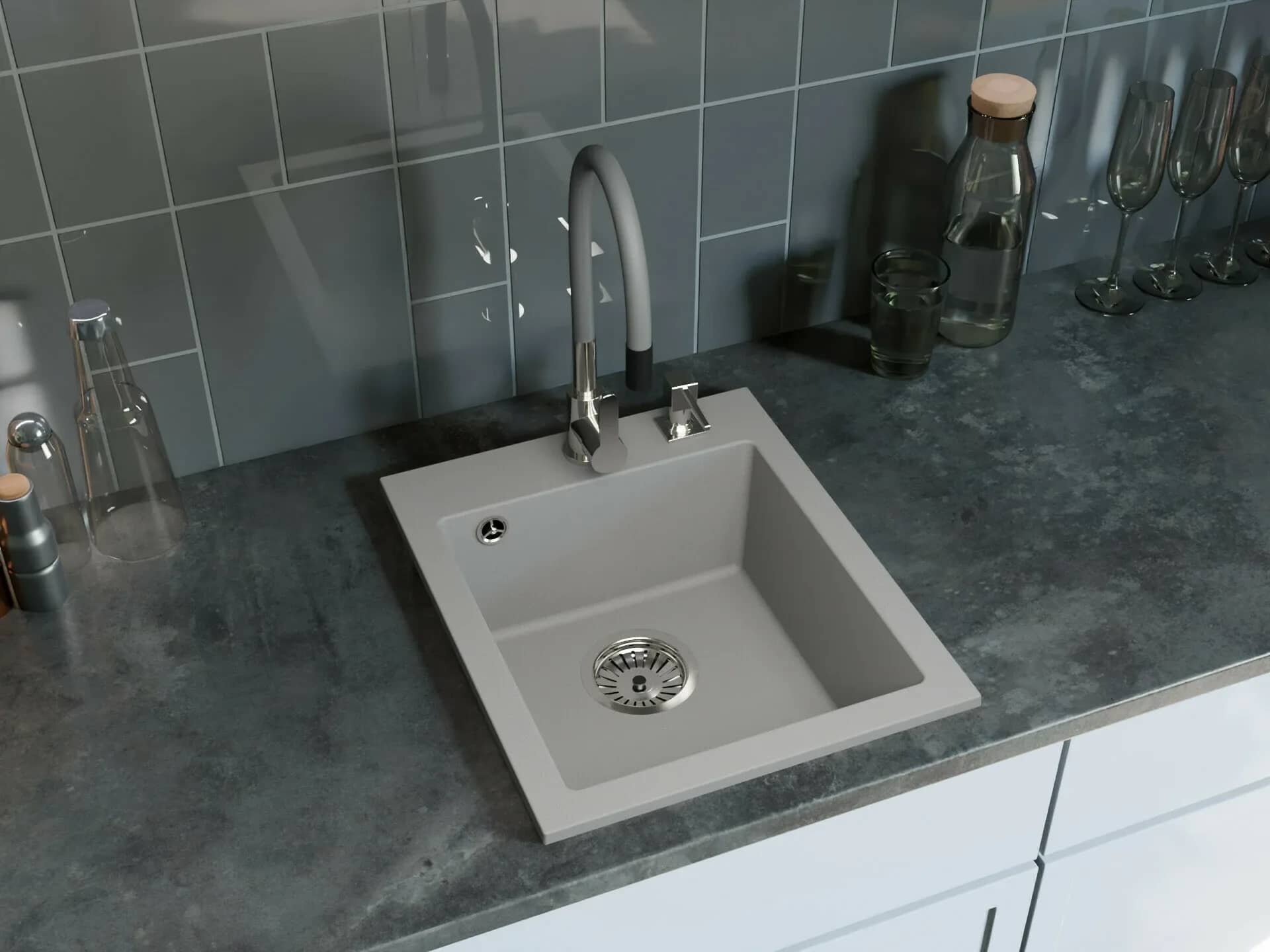 Évier en granit Rigo 1 bac compact 48,5 × 40,5 cm, coloris Gris installé en cuisine