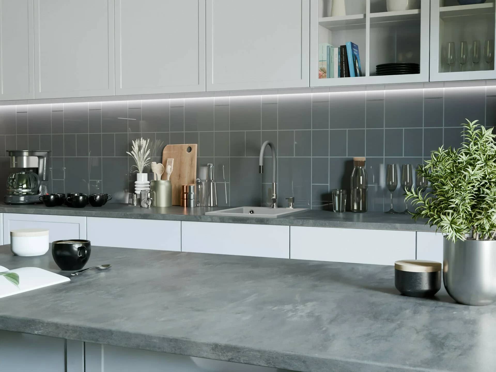 Évier en granit Rigo 1 bac compact 48,5 × 40,5 cm, coloris Gris installé en cuisine