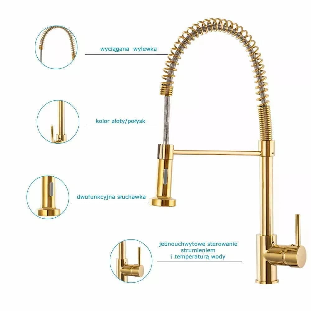Mitigeur de cuisine Spiral Gold avec douchette, coloris Or installé en cuisine