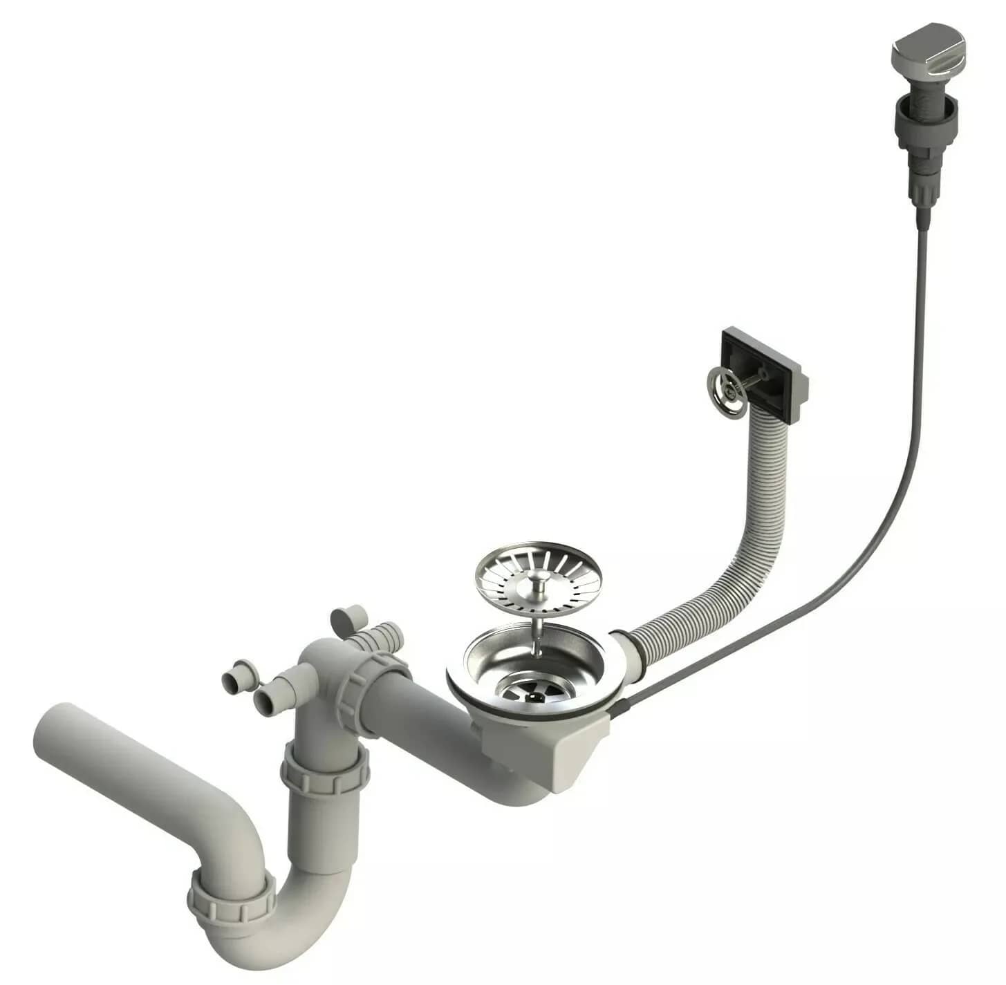 Siphon d'évier de cuisine 1 bac avec commande et 2 piquages, coloris Chrome, vue produit