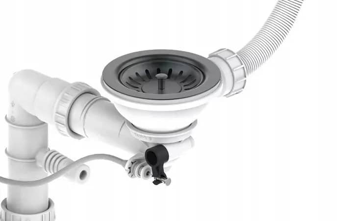 Siphon d'évier de cuisine 1 bac avec commande et 2 piquages, coloris Graphite installé en cuisine