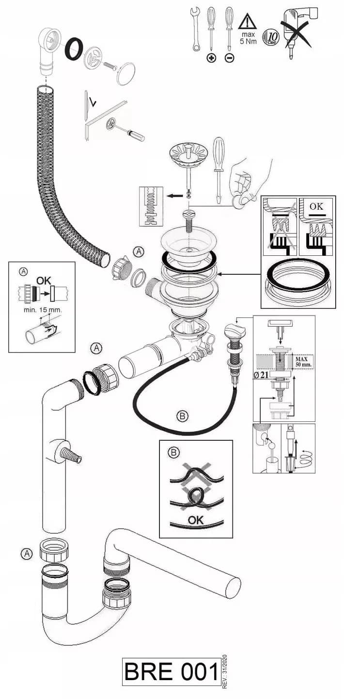 Siphon d'évier de cuisine 1 bac avec commande et 2 piquages, coloris Graphite installé en cuisine