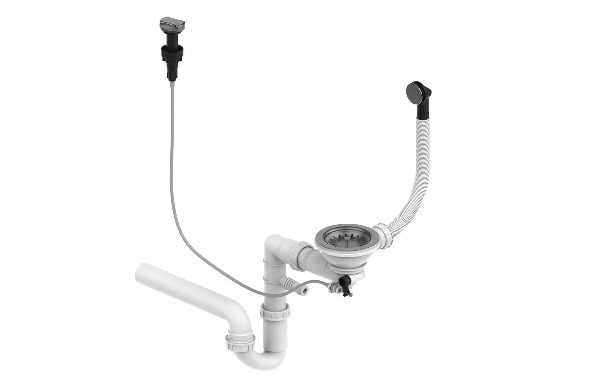 Siphon d'évier de cuisine 1 bac avec commande et 2 piquages, coloris Graphite, vue produit