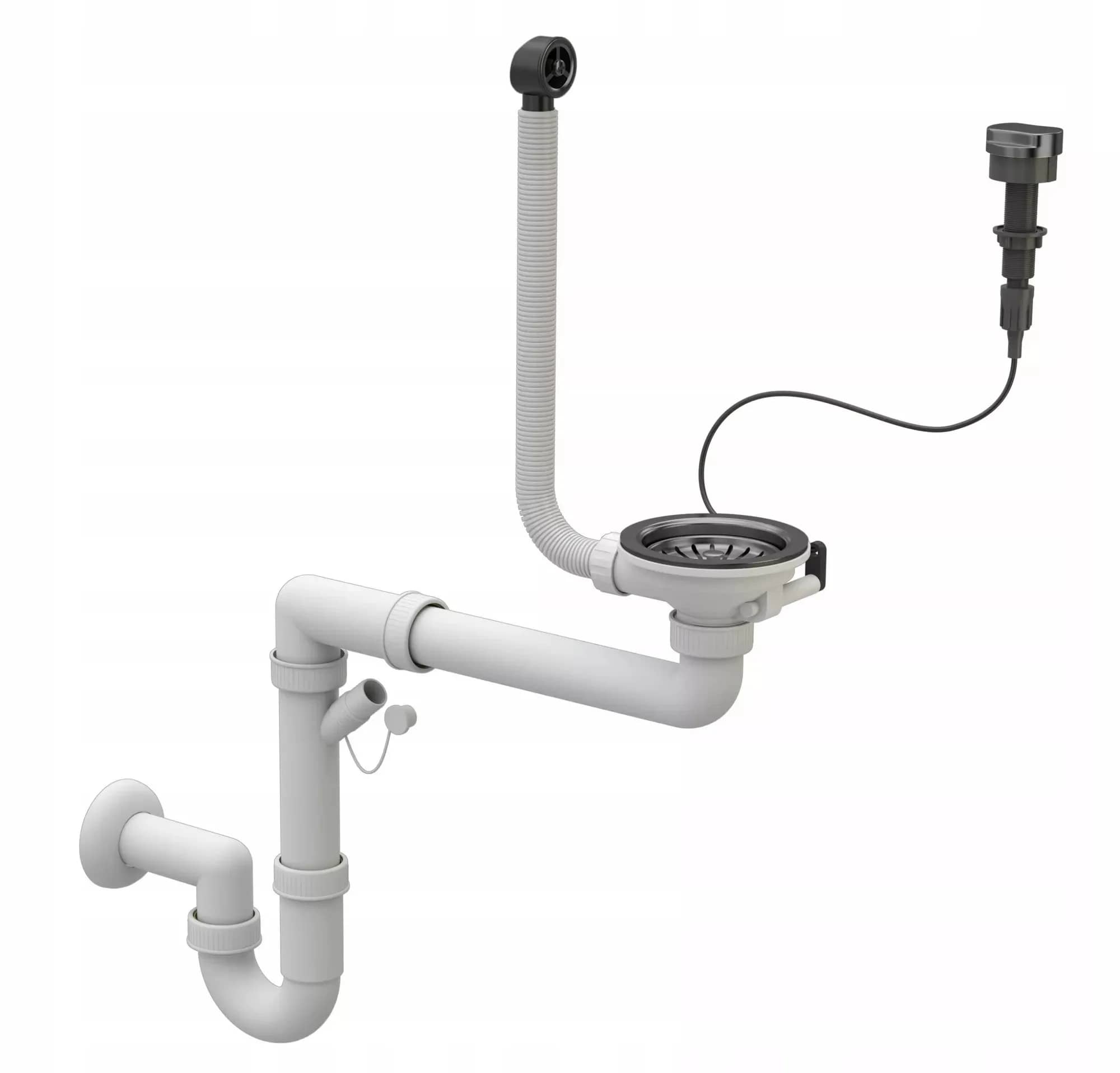Siphon d'évier de cuisine 1 bac avec commande et 2 piquages, coloris Gun metal, vue produit
