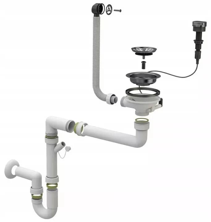 Siphon d'évier de cuisine 1 bac avec commande et 2 piquages, coloris Gun metal installé en cuisine