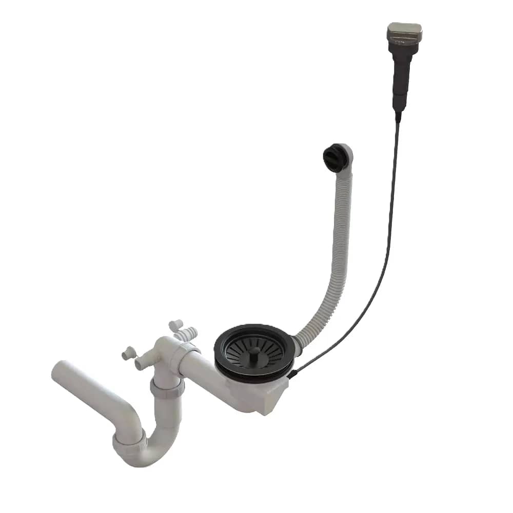 Siphon d'évier de cuisine 1 bac avec commande et 2 piquages, coloris Noir mat, vue produit