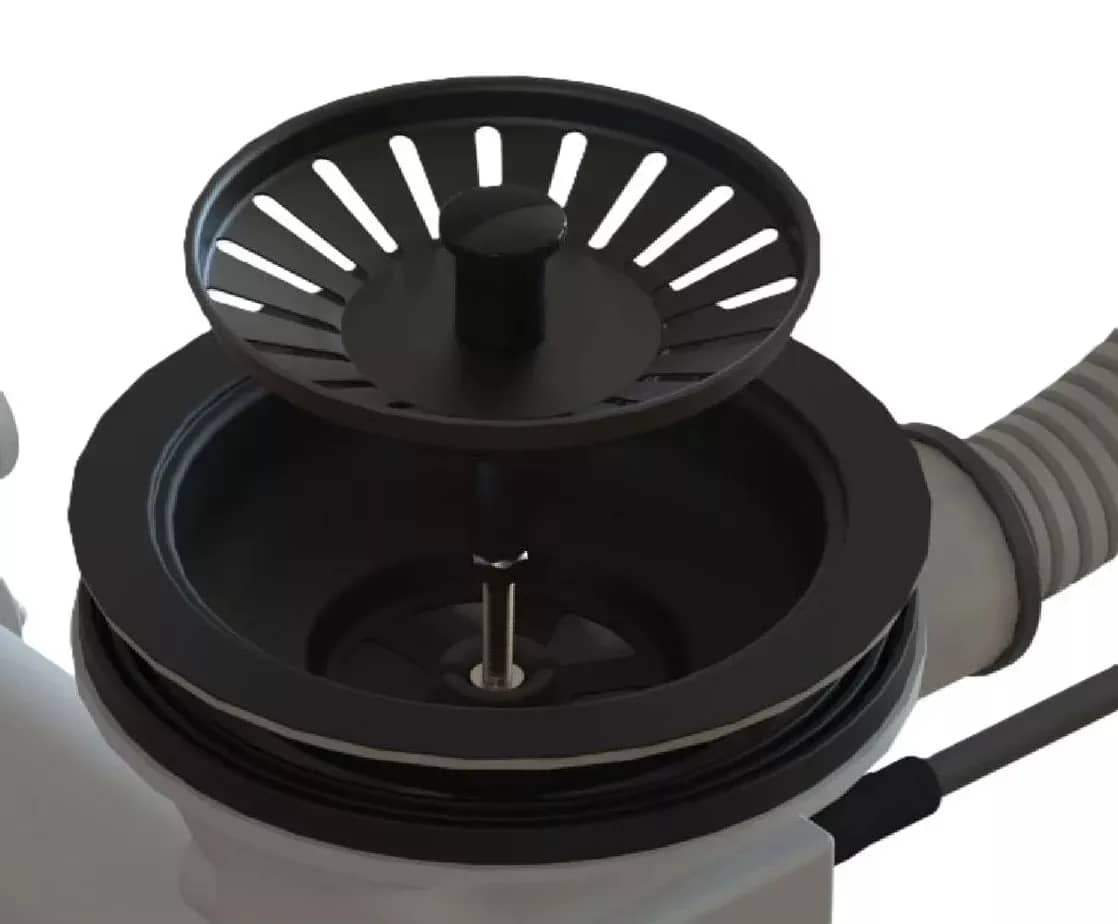 Siphon d'évier de cuisine 1 bac avec commande et 2 piquages, coloris Noir mat installé en cuisine