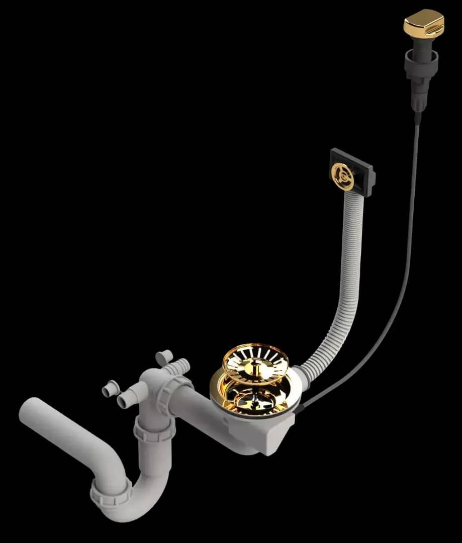 Siphon d'évier de cuisine 1 bac avec commande et 2 piquages, coloris Or, vue produit