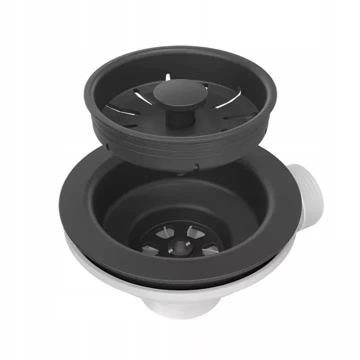 Siphon clic-clac pour évier 1 bac, coloris Noir mat installé en cuisine