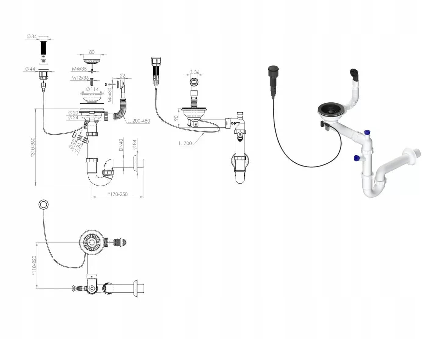 Siphon clic-clac pour évier 1 bac, coloris Noir mat installé en cuisine