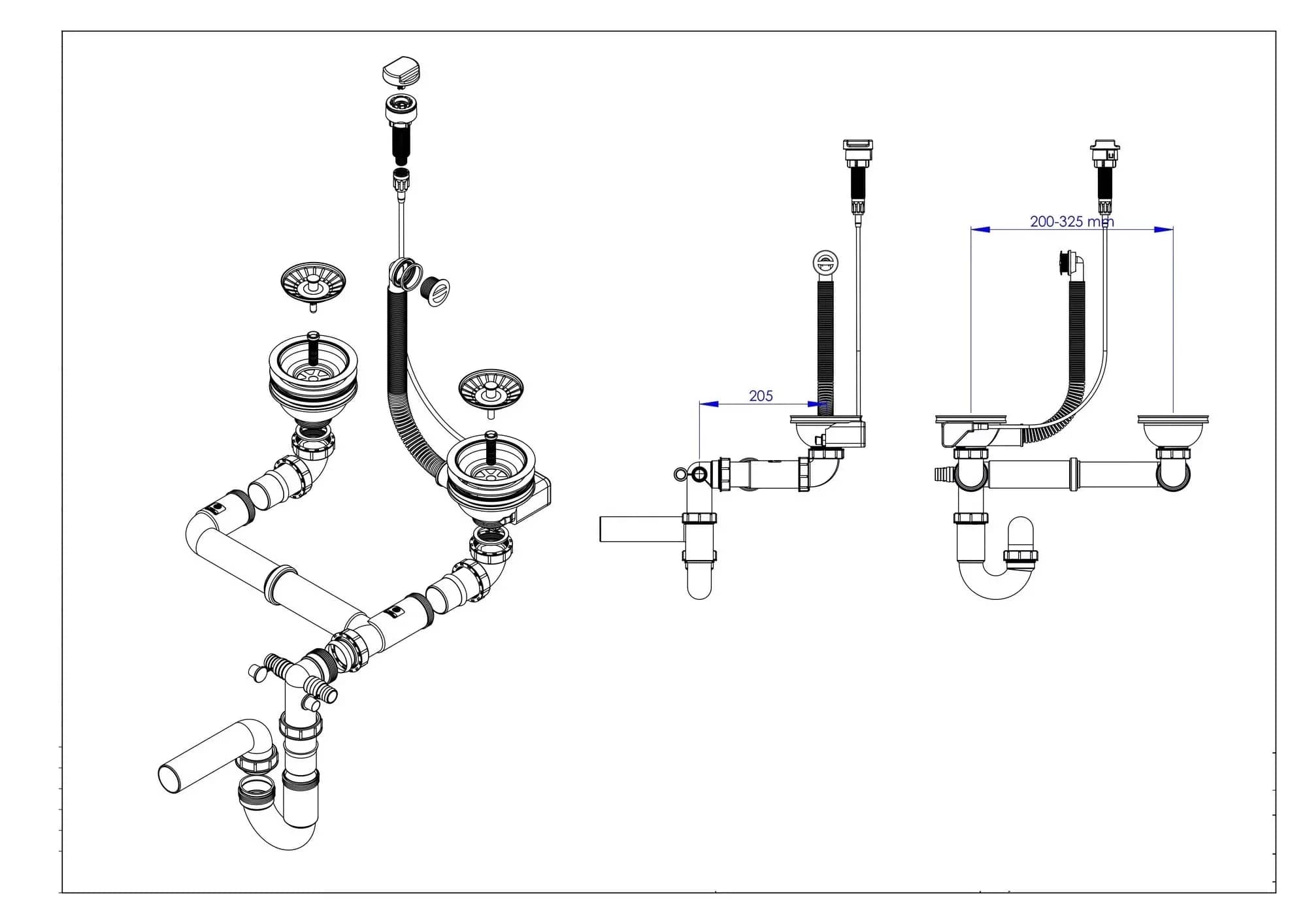 Siphon double pour évier 2 bacs, commande rotative, coloris Noir mat installé en cuisine