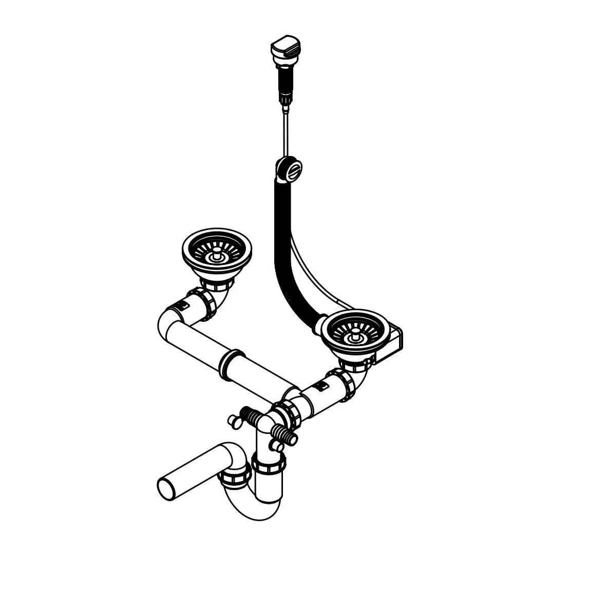 Siphon double pour évier 2 bacs, commande rotative, coloris Noir mat installé en cuisine