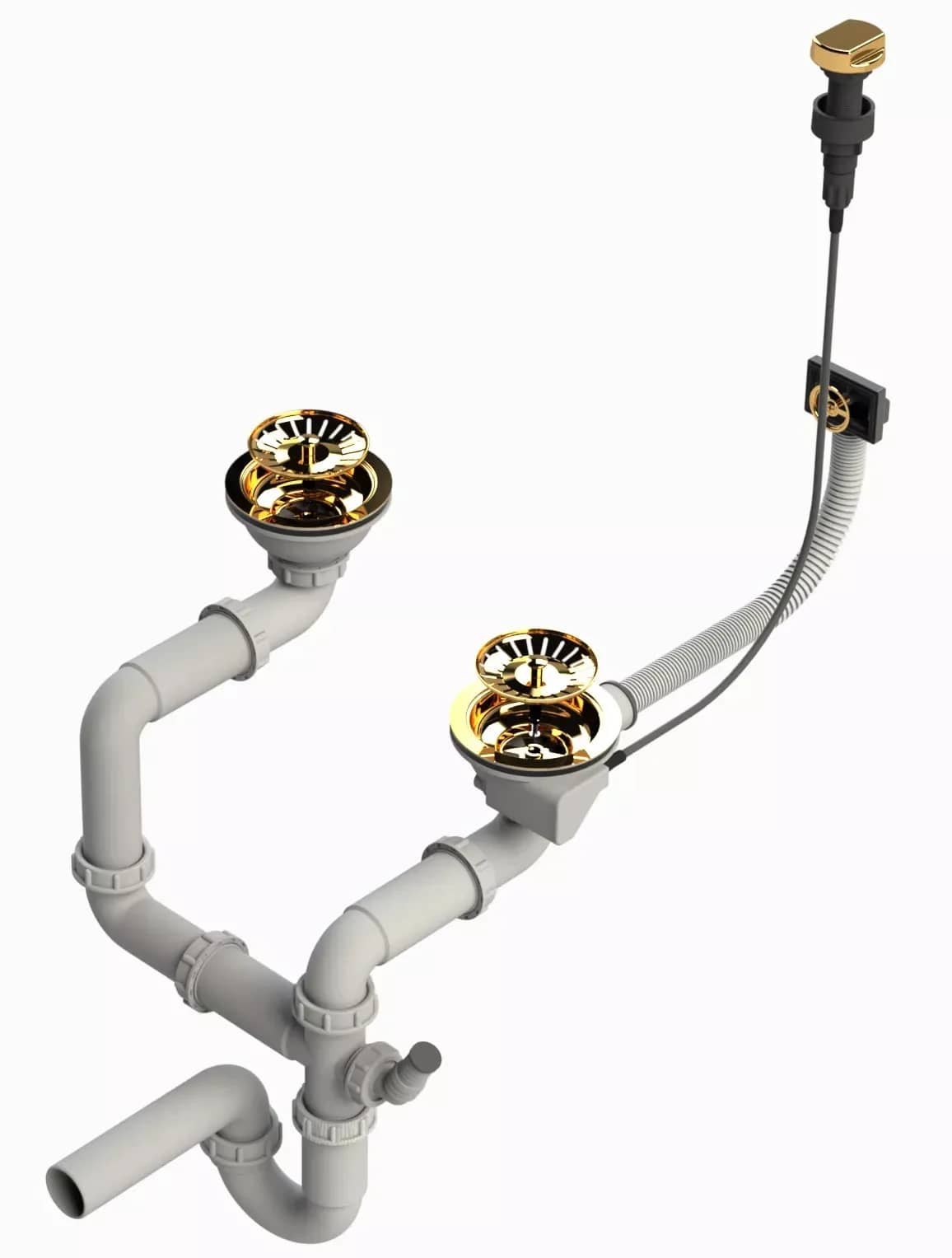 Siphon double pour évier 2 bacs, commande rotative, coloris Or, vue produit