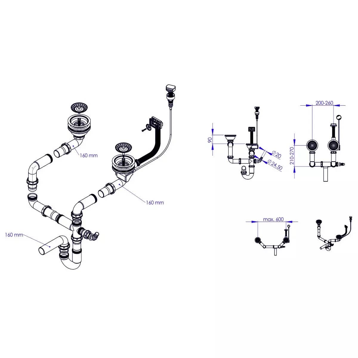 Siphon double pour évier 2 bacs, commande rotative, vue complémentaire