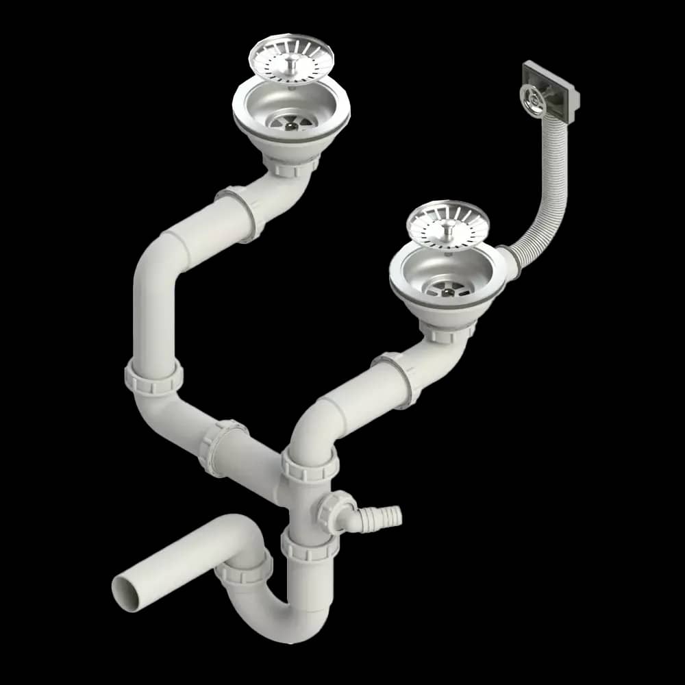 Siphon manuel double pour évier 2 bacs, coloris Chrome, vue produit