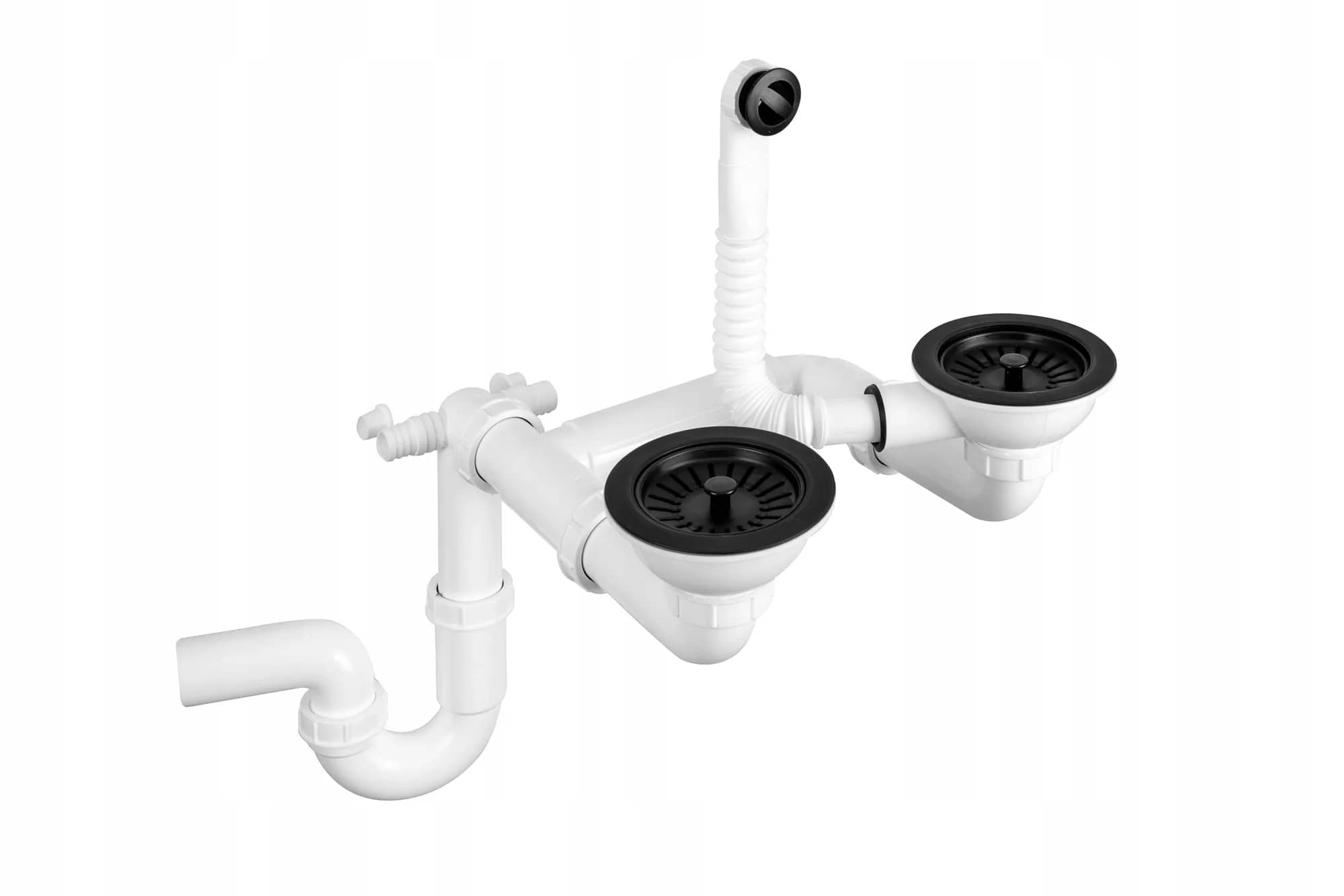 Siphon manuel double pour évier 2 bacs, coloris Noir mat, vue produit