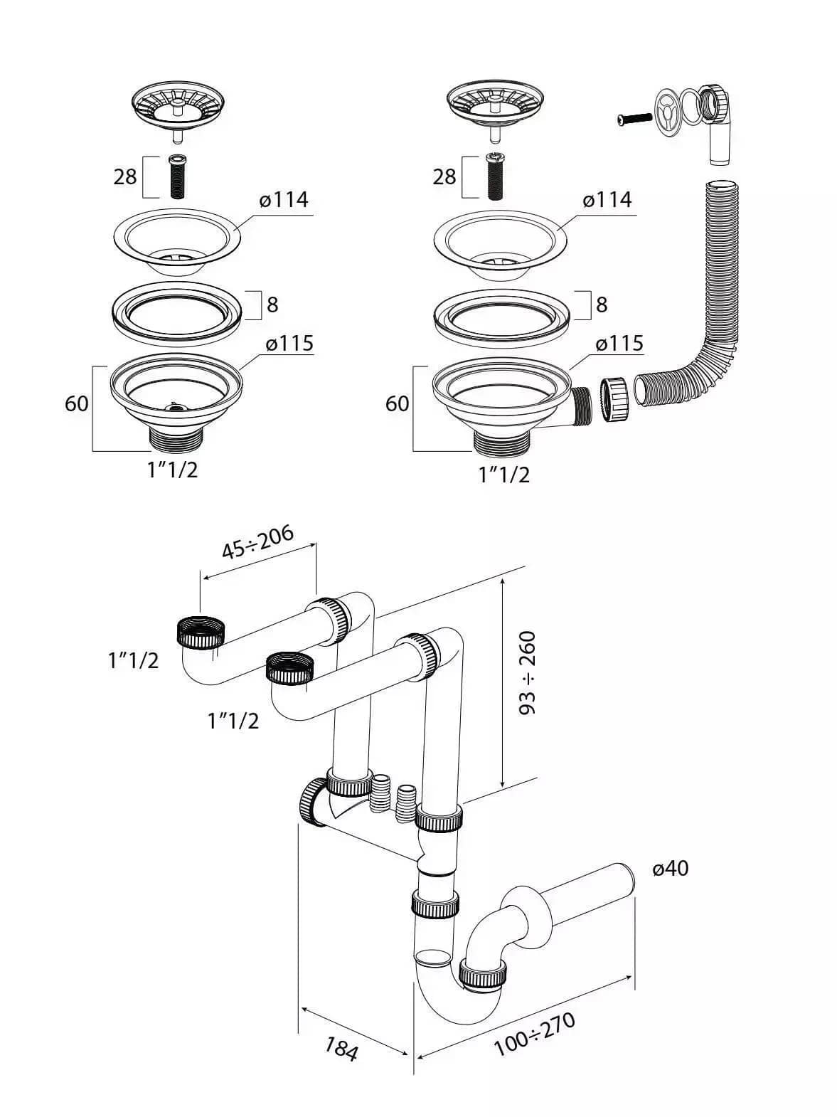 Siphon manuel double pour évier 2 bacs, coloris Or installé en cuisine